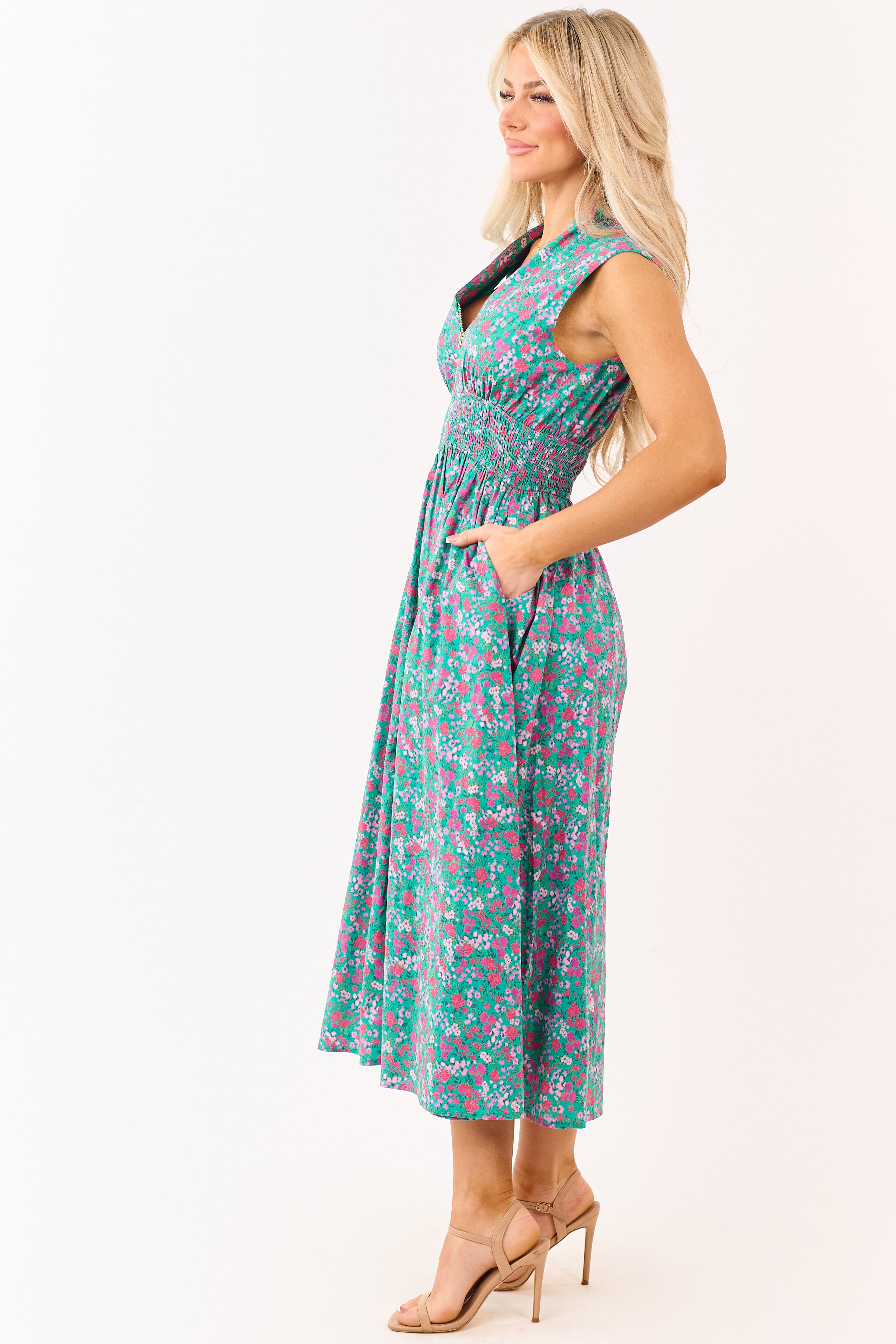Entro Jungle Green Cotton Floral Zip Up Midi Dress