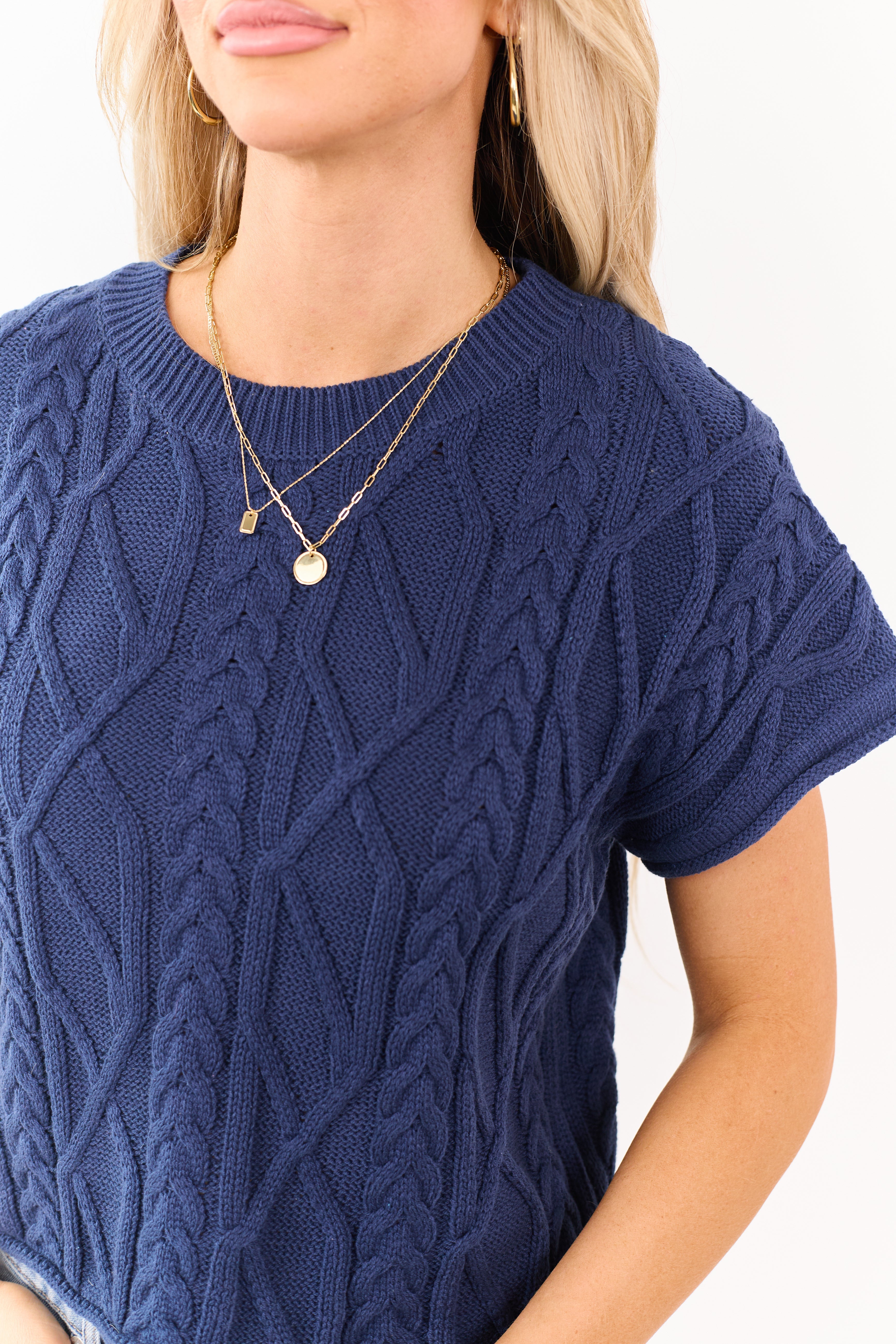 Entro Navy Short Sleeve Cable Knit Sweater Top