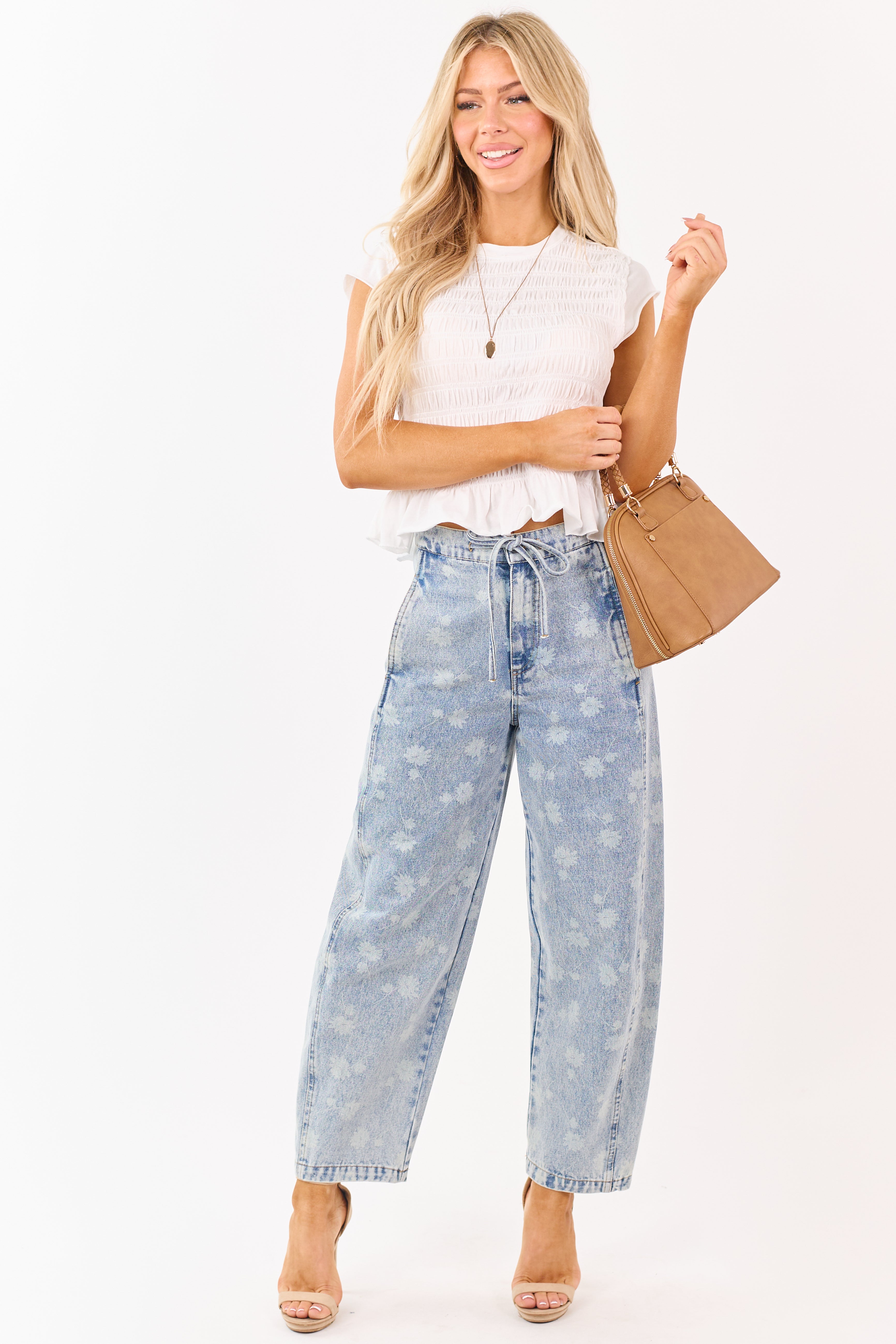 Entro Off White Smocked Short Sleeve Top