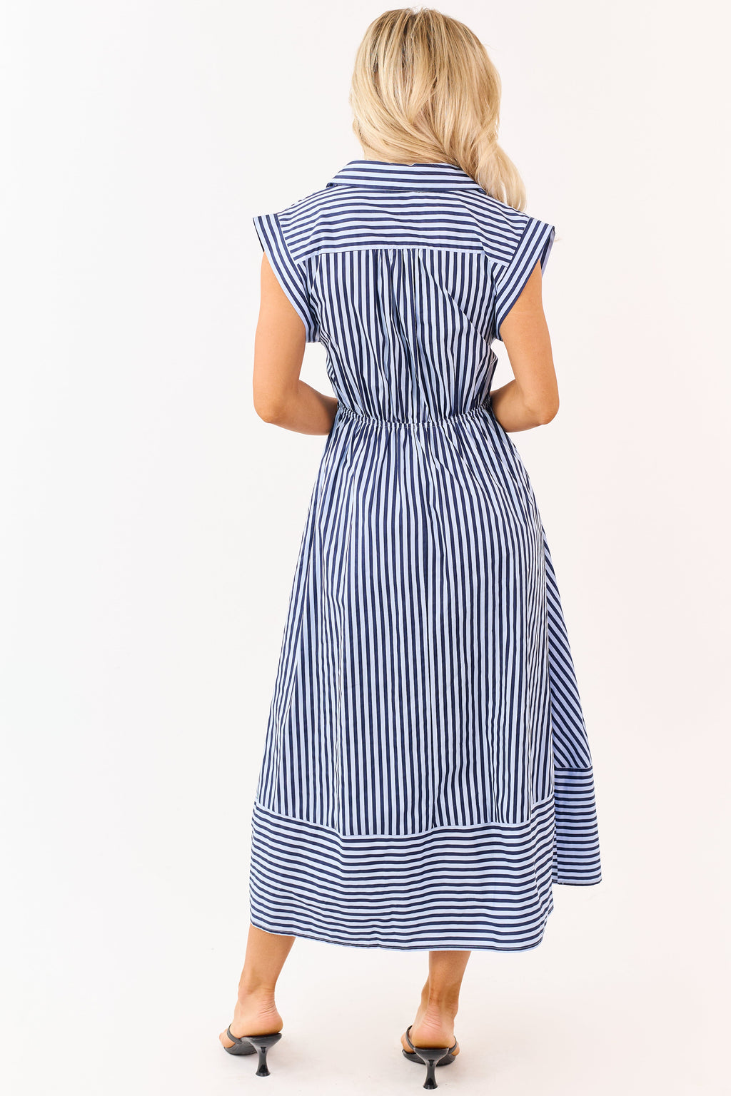 Entro Powder Blue and Navy Striped Cotton Midi Dress