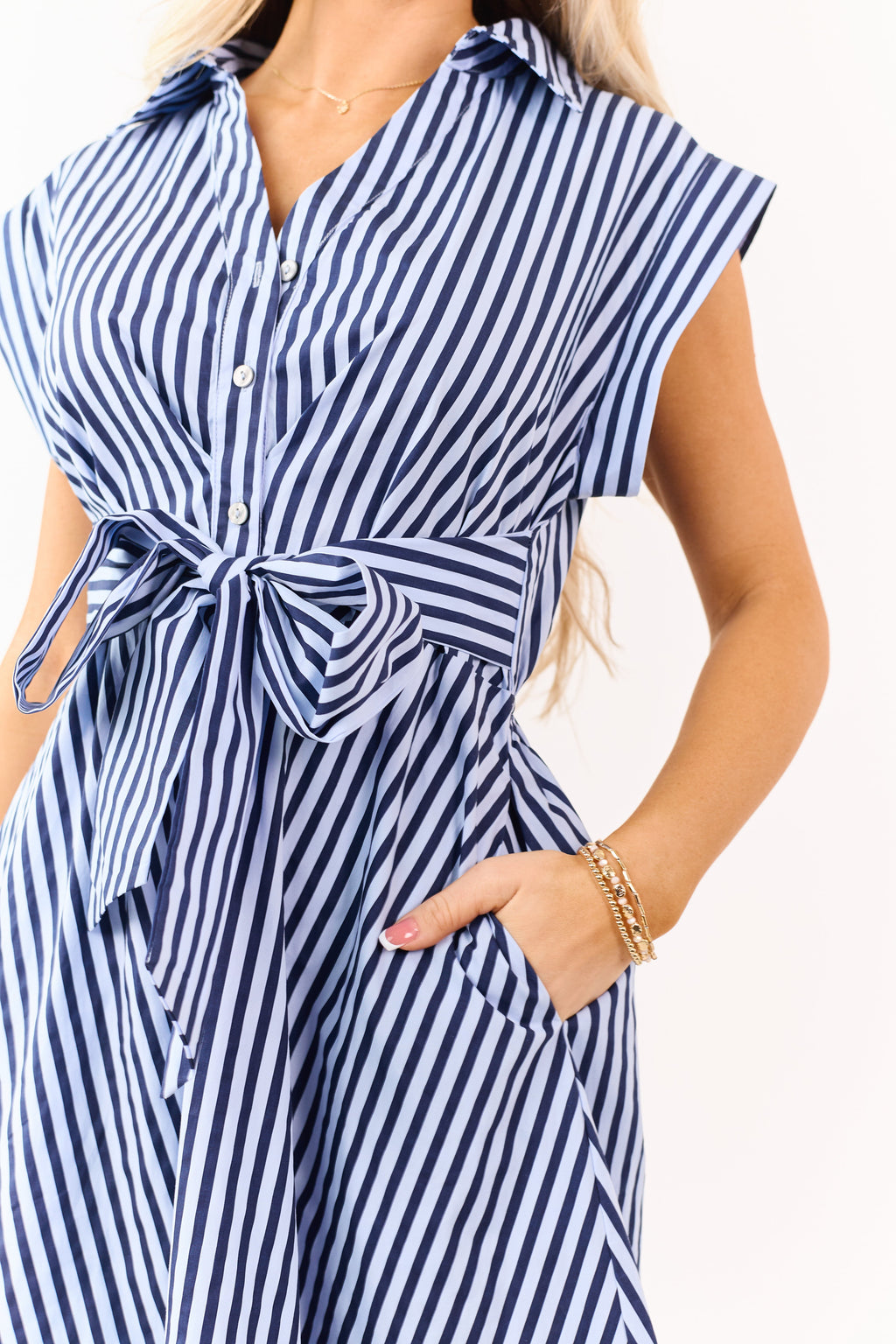 Entro Powder Blue and Navy Striped Cotton Midi Dress