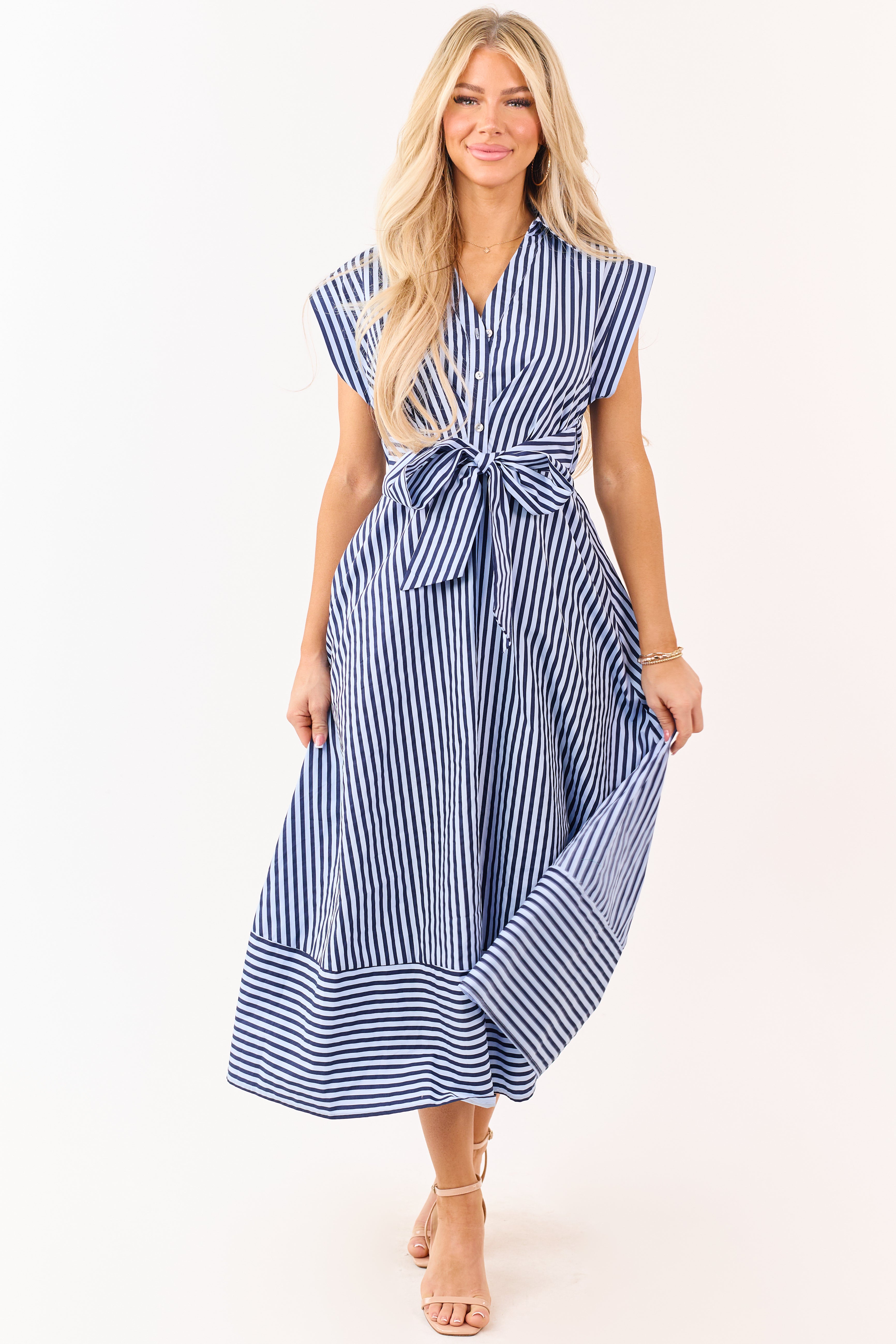 Entro Powder Blue and Navy Striped Cotton Midi Dress
