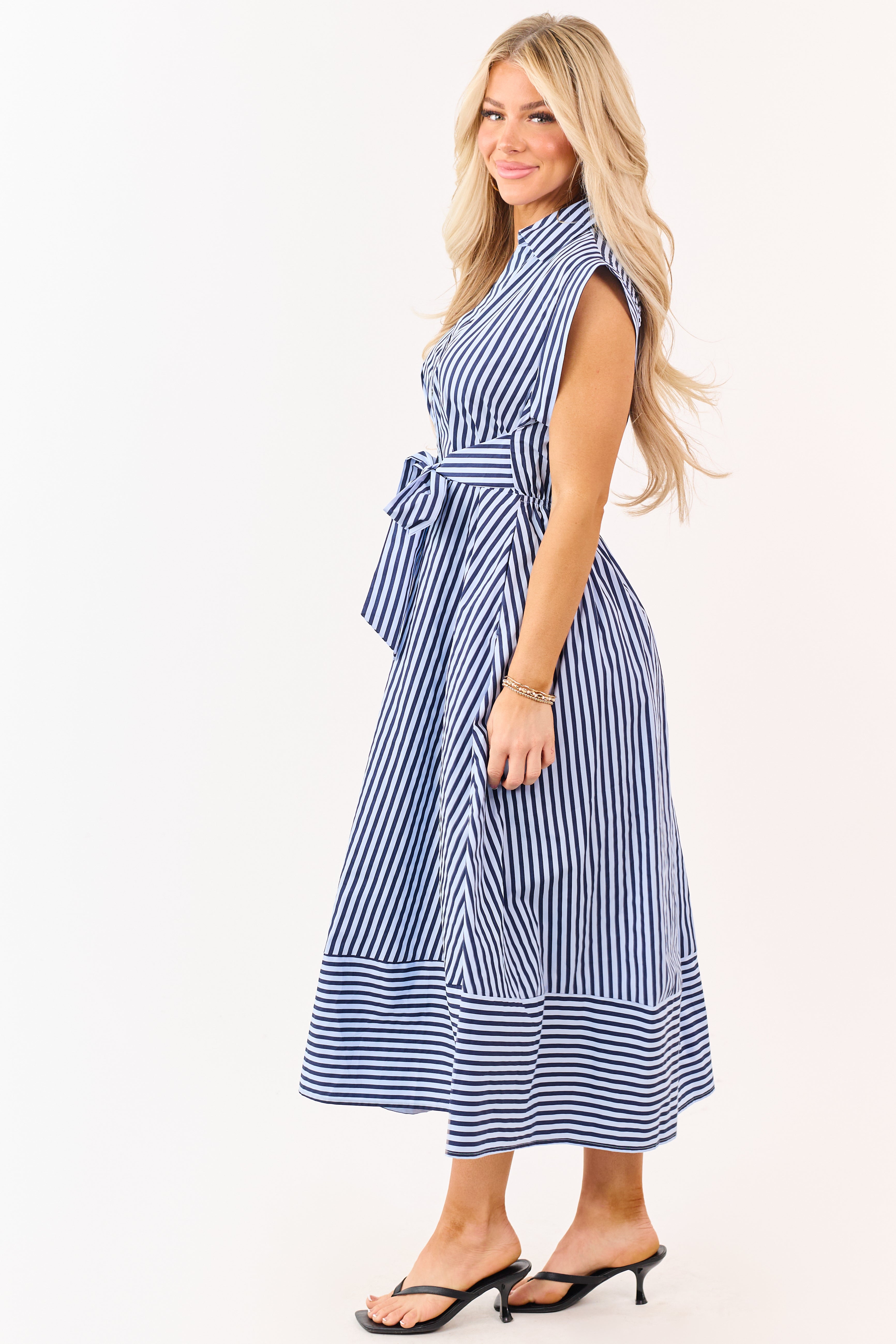 Entro Powder Blue and Navy Striped Cotton Midi Dress