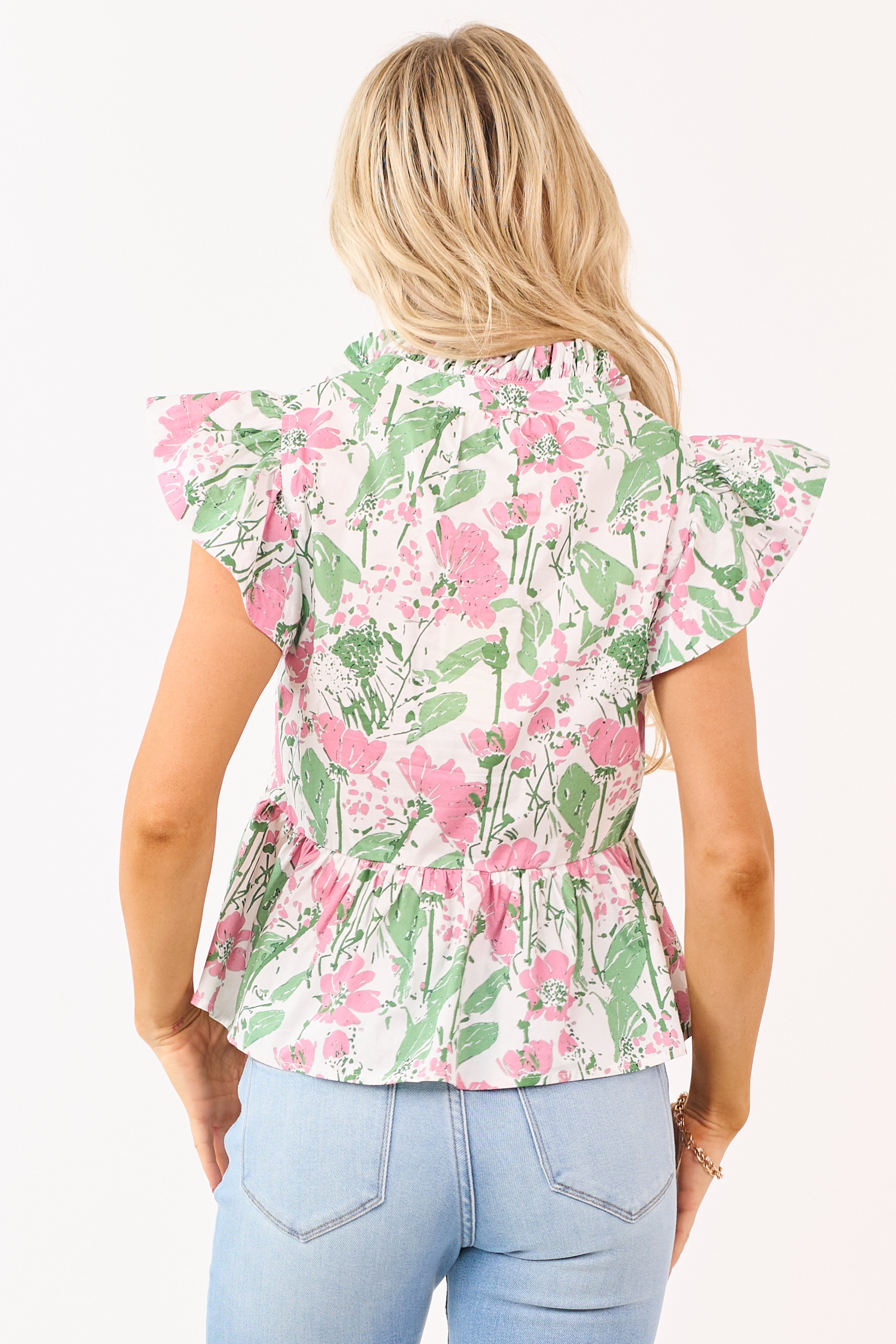 Entro White Floral Print Ruffle Trim Cotton Top