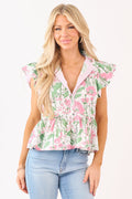 Entro White Floral Print Ruffle Trim Cotton Top