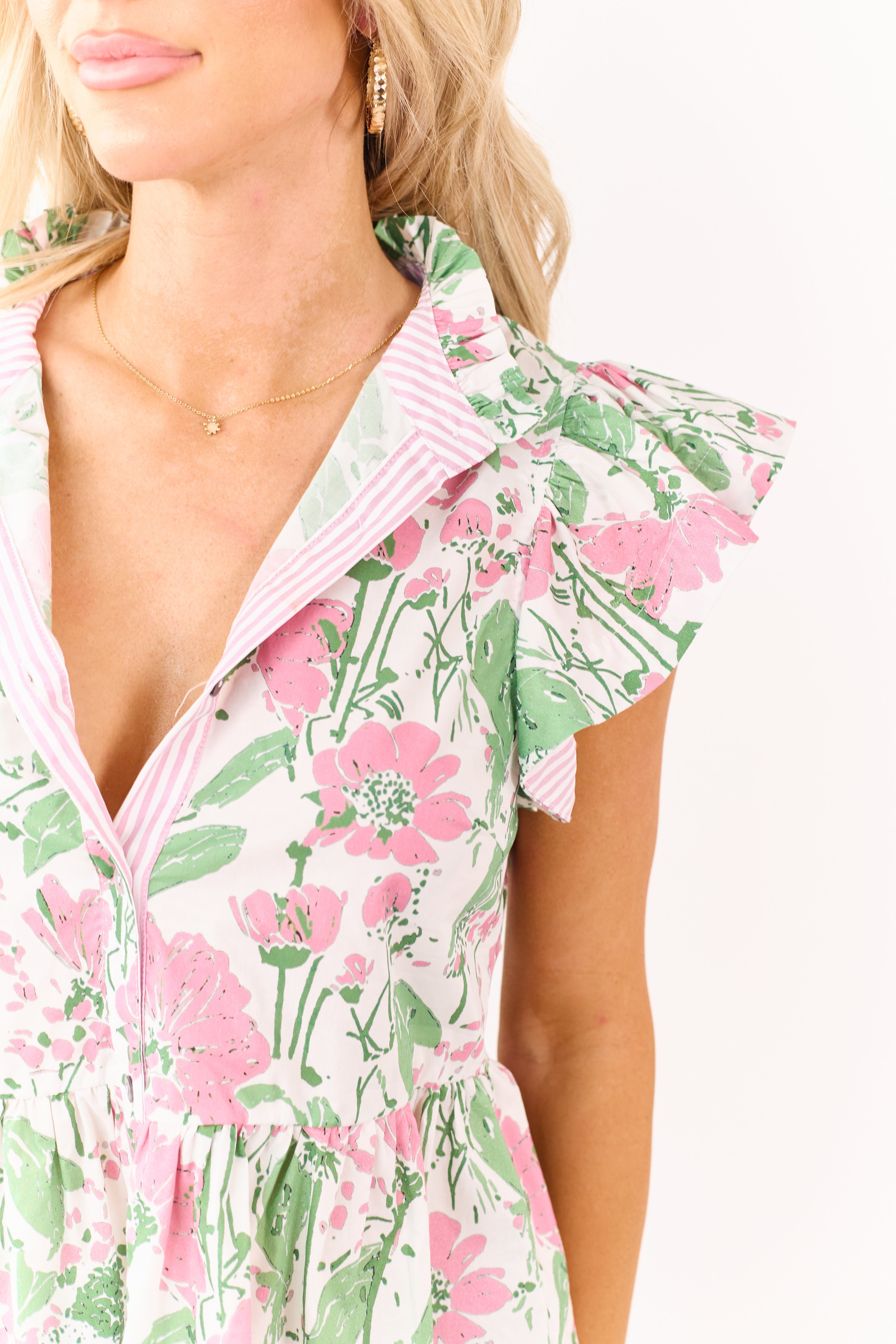 Entro White Floral Print Ruffle Trim Cotton Top