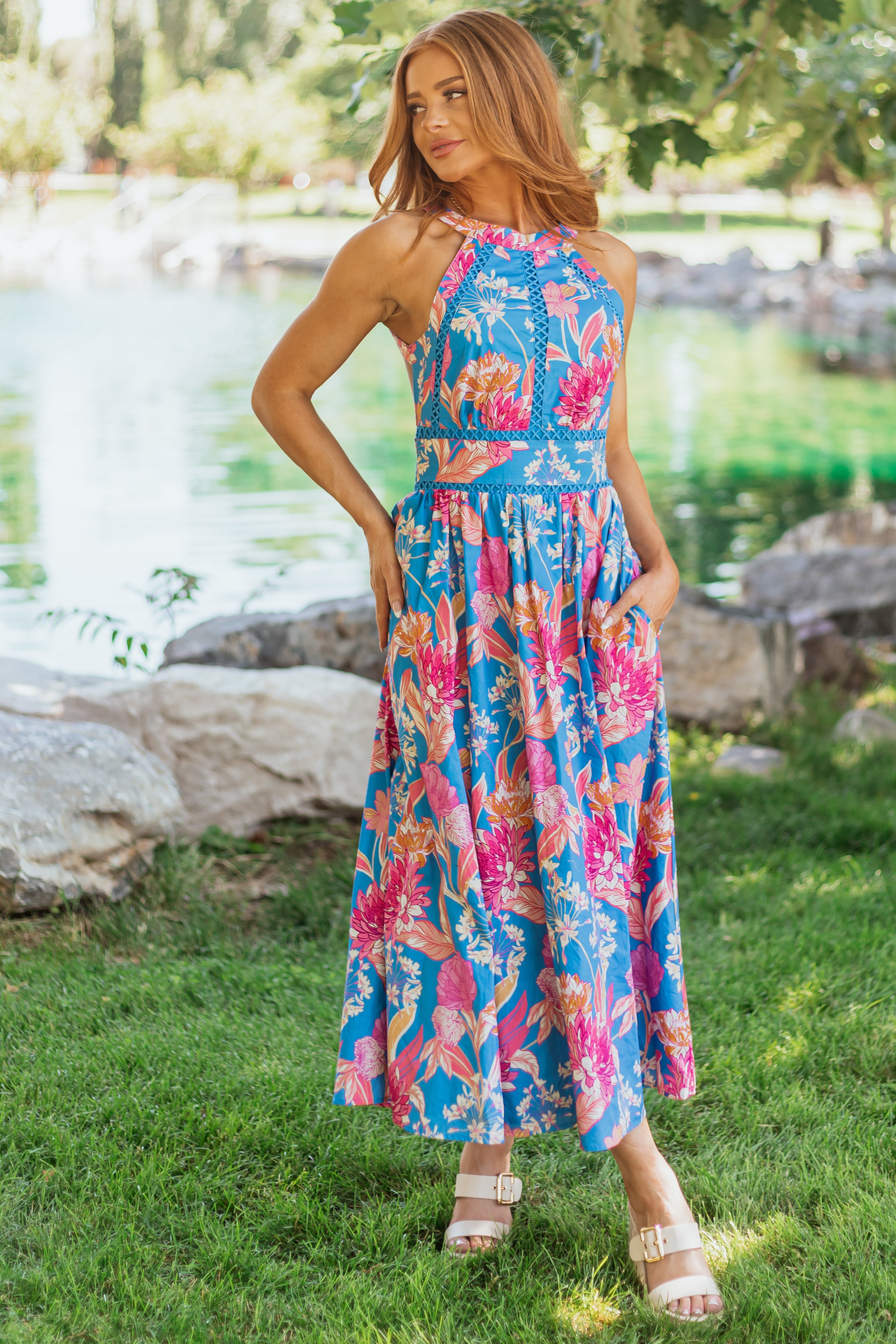 Flying Tomato Azure Floral Cotton Halter Midi Dress