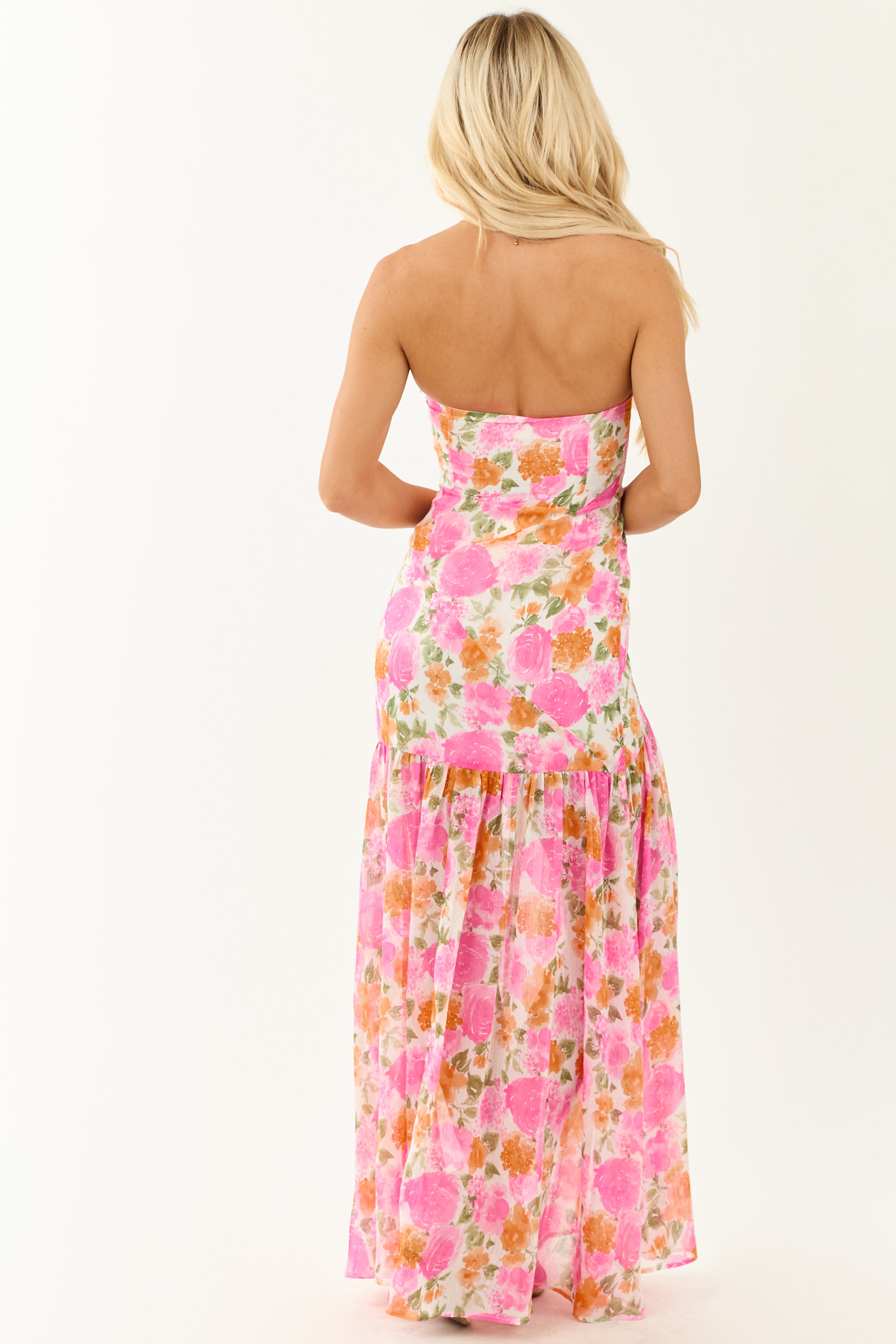 Fuchsia Floral Strapless Asymmetrical Maxi Dress