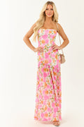 Fuchsia Floral Strapless Asymmetrical Maxi Dress
