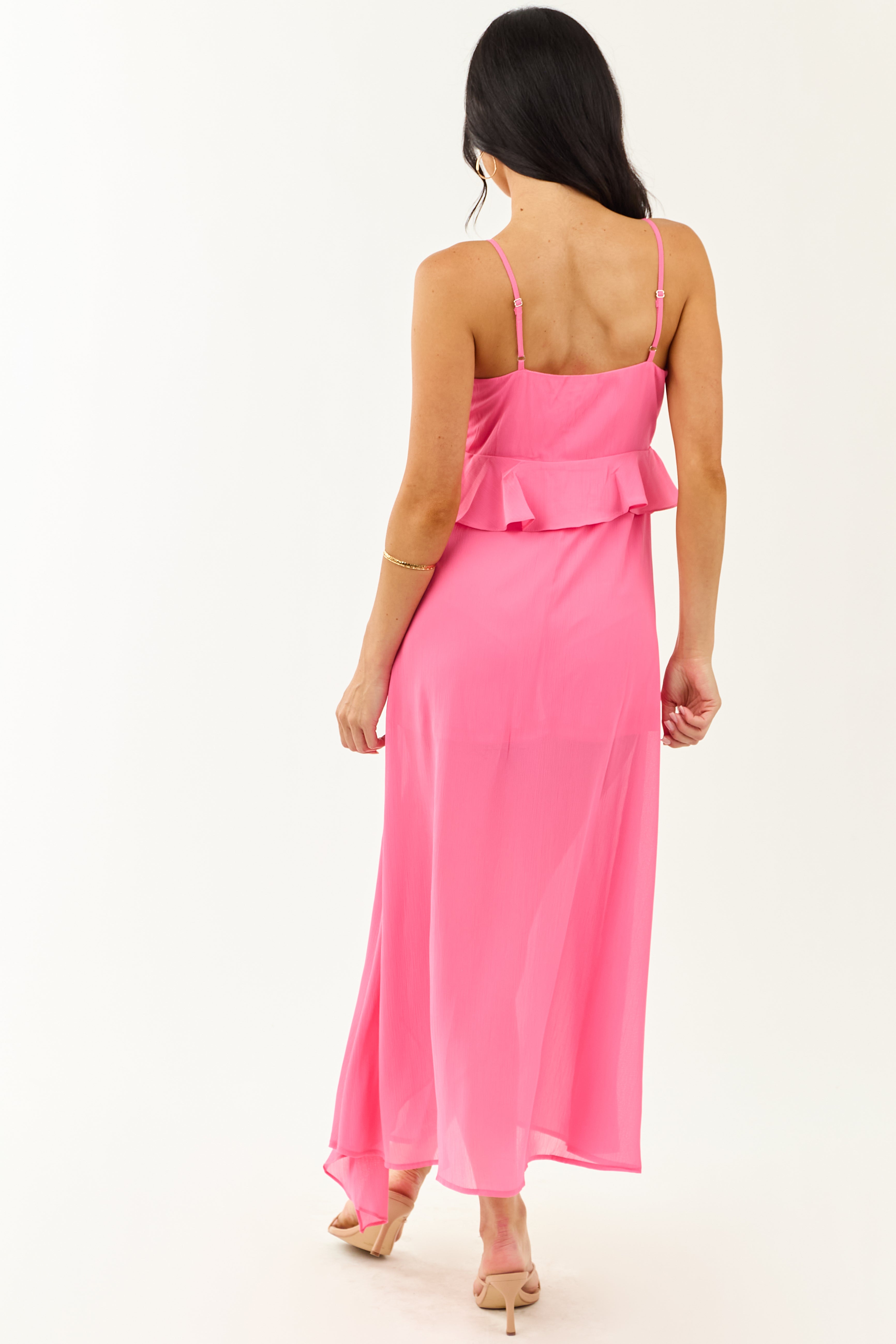 Fuchsia Ruffle Side Slit Chiffon Maxi Dress