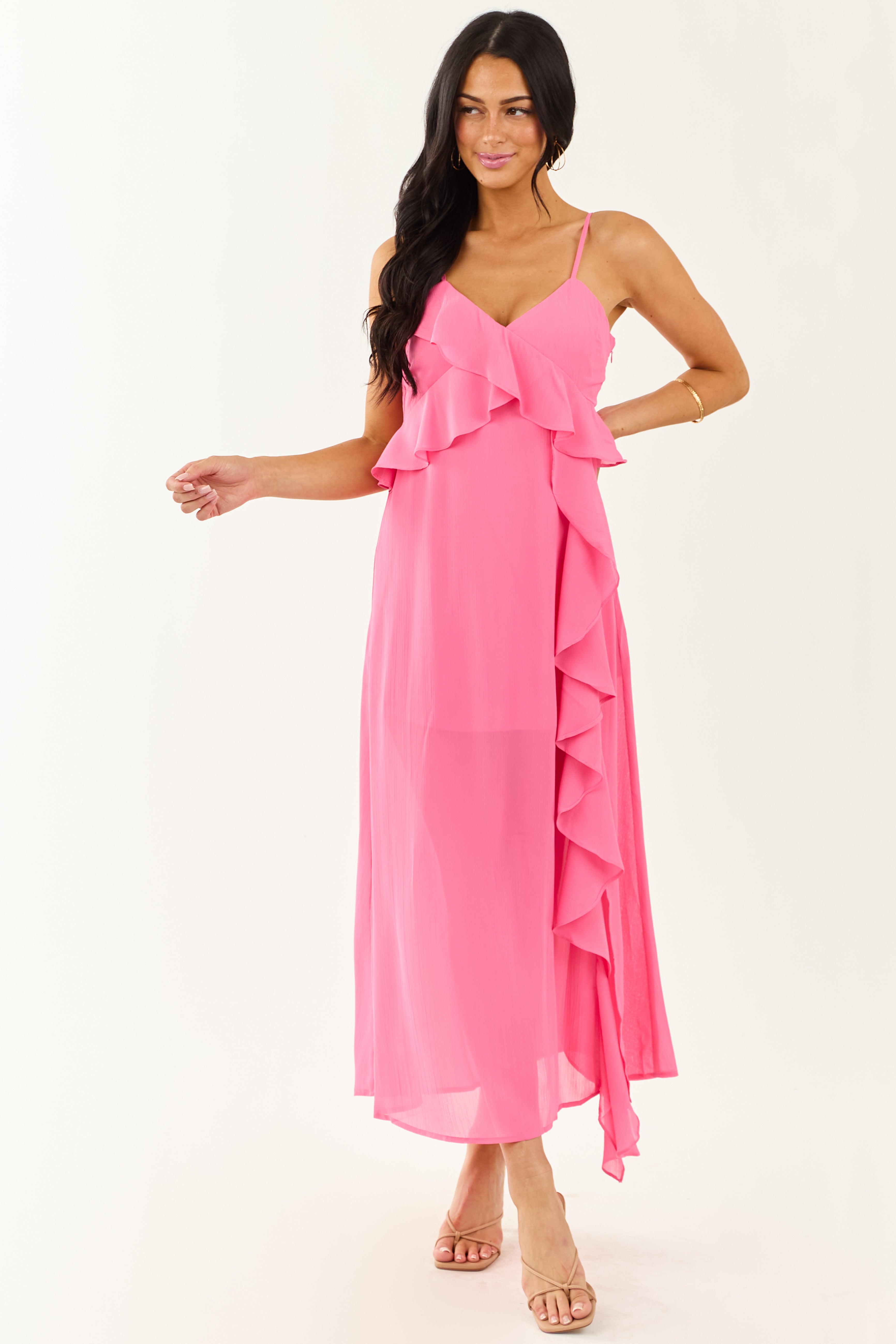 Fuchsia Ruffle Side Slit Chiffon Maxi Dress