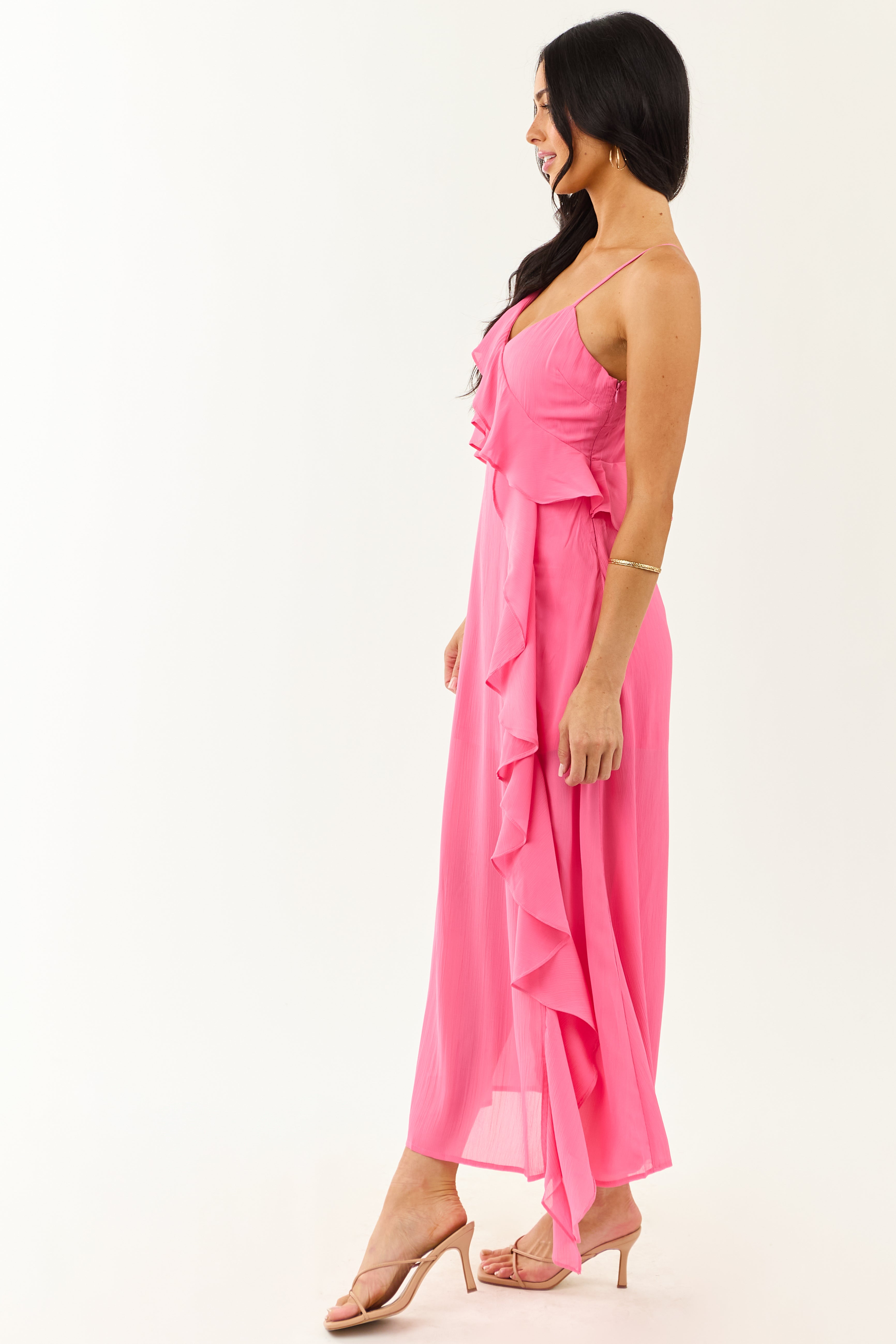 Fuchsia Ruffle Side Slit Chiffon Maxi Dress