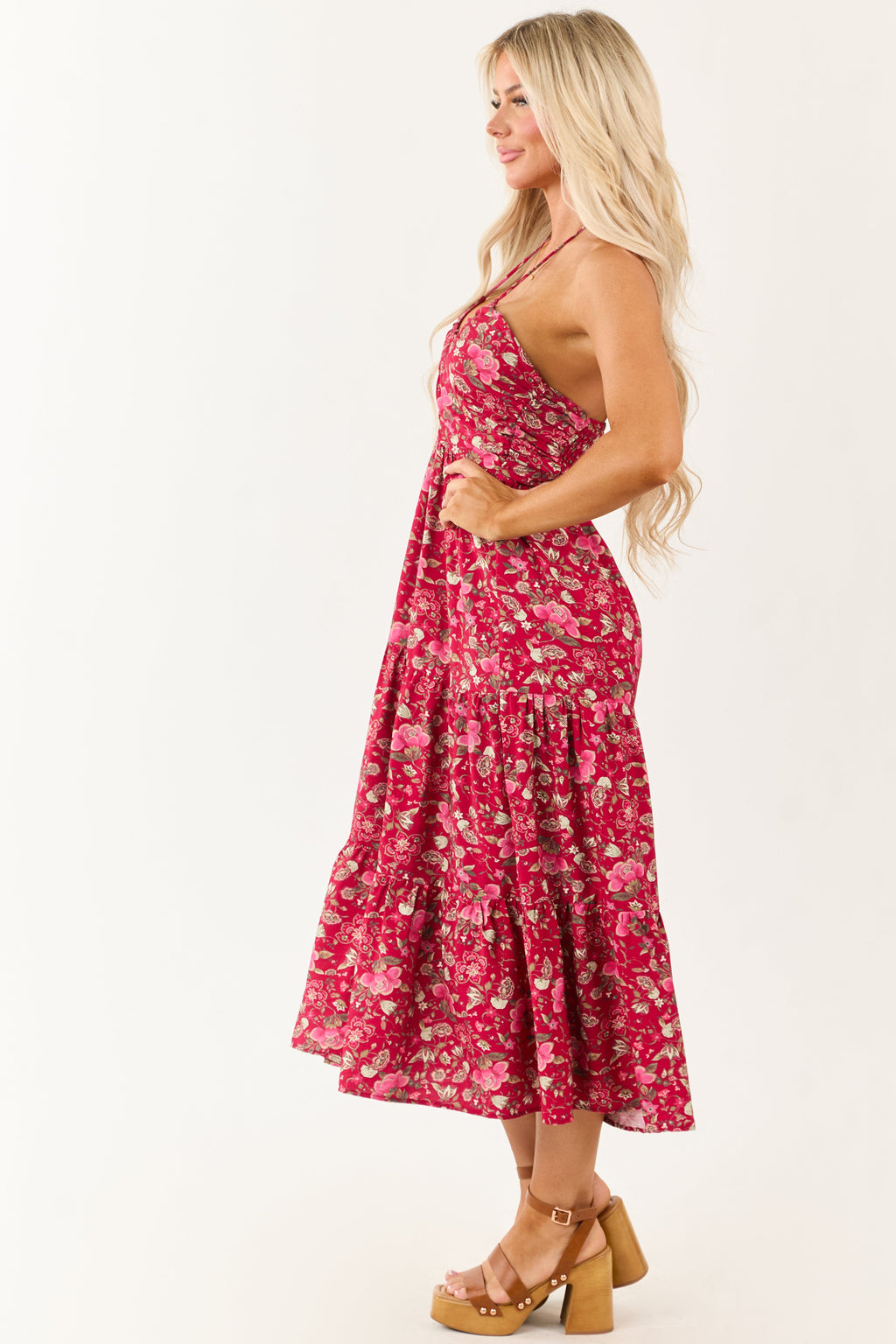 Hibiscus Floral Print Halter Tie Neck Midi Dress