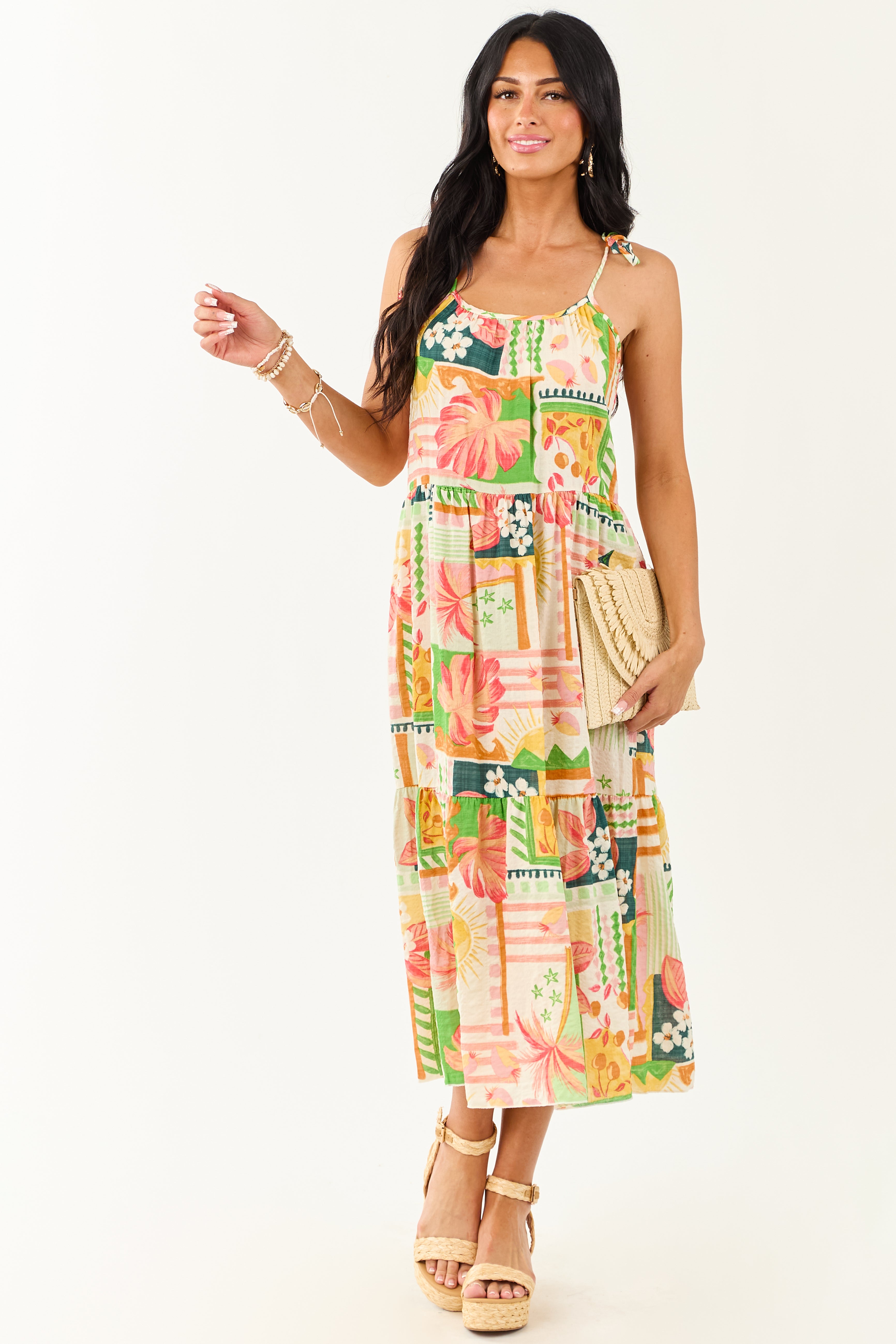 Ivory Abstract Print Tie Straps Midi Dress