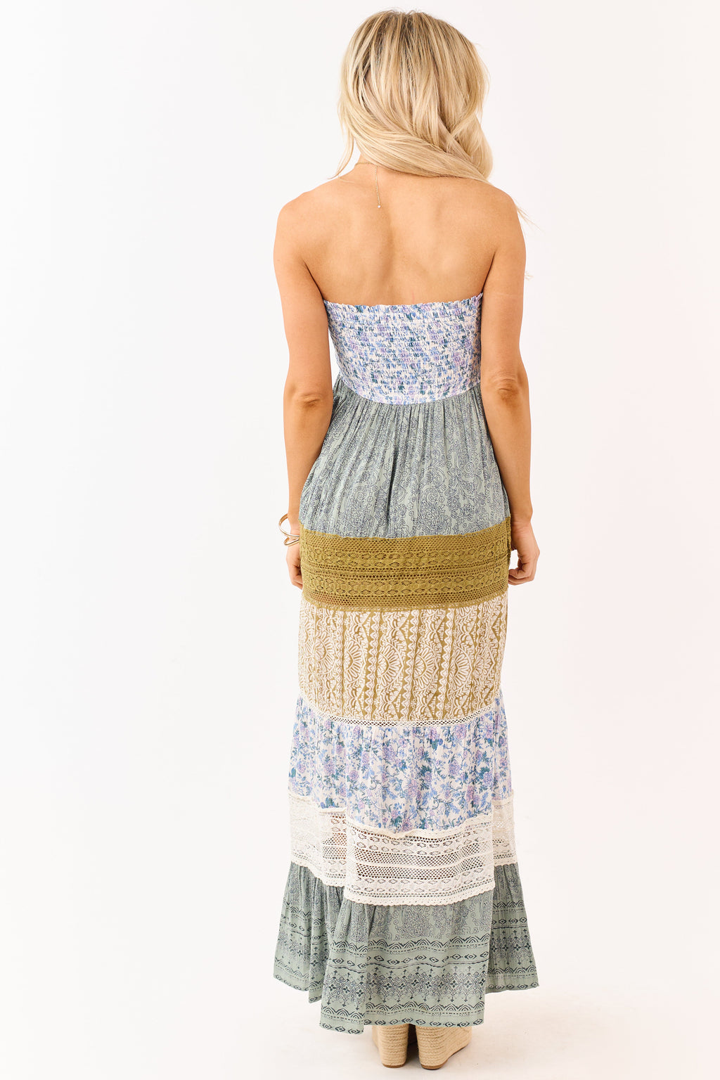 Ivory Colorblock Mixed Print Strapless Maxi Dress