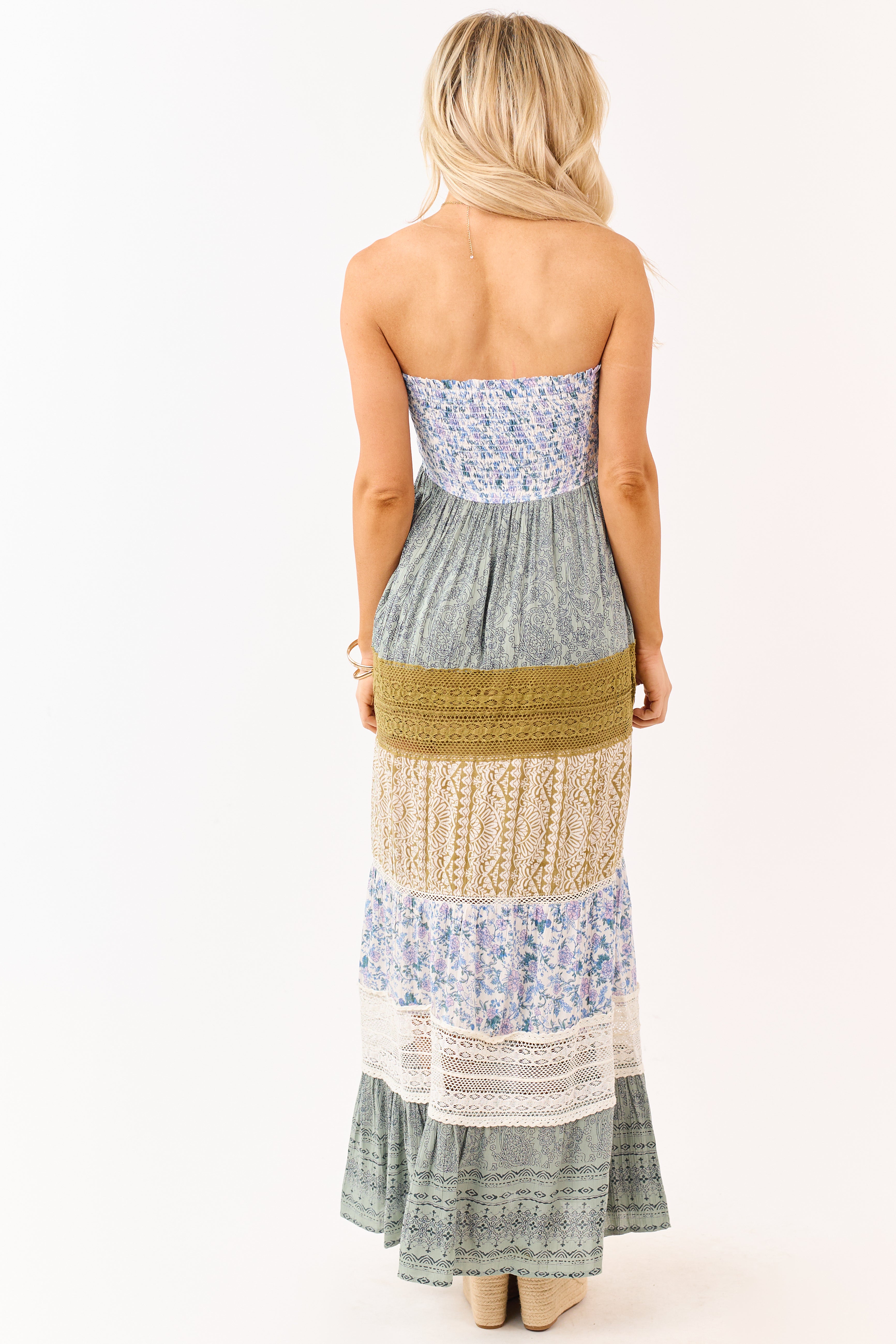 Ivory Colorblock Mixed Print Strapless Maxi Dress