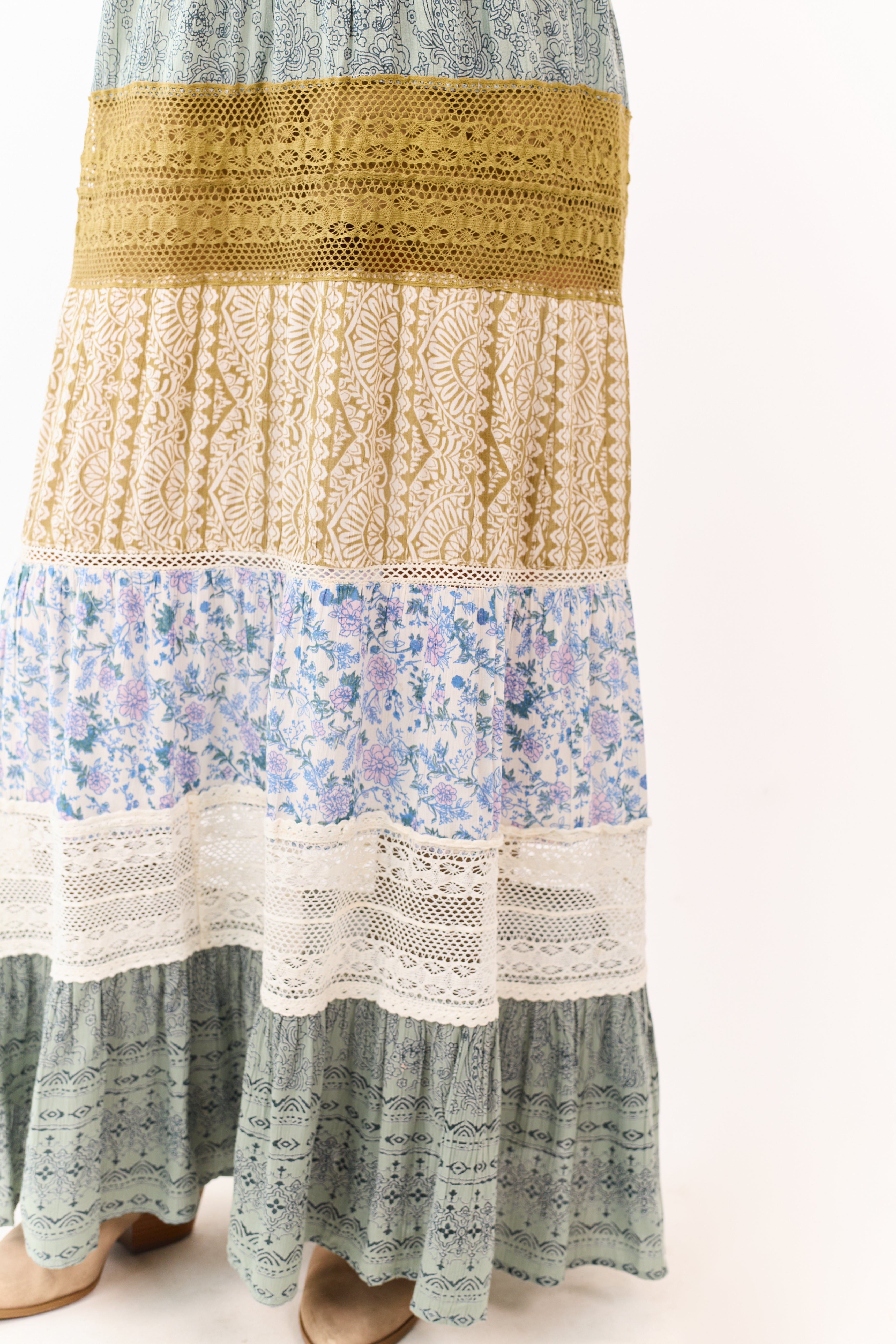 Ivory Colorblock Mixed Print Strapless Maxi Dress