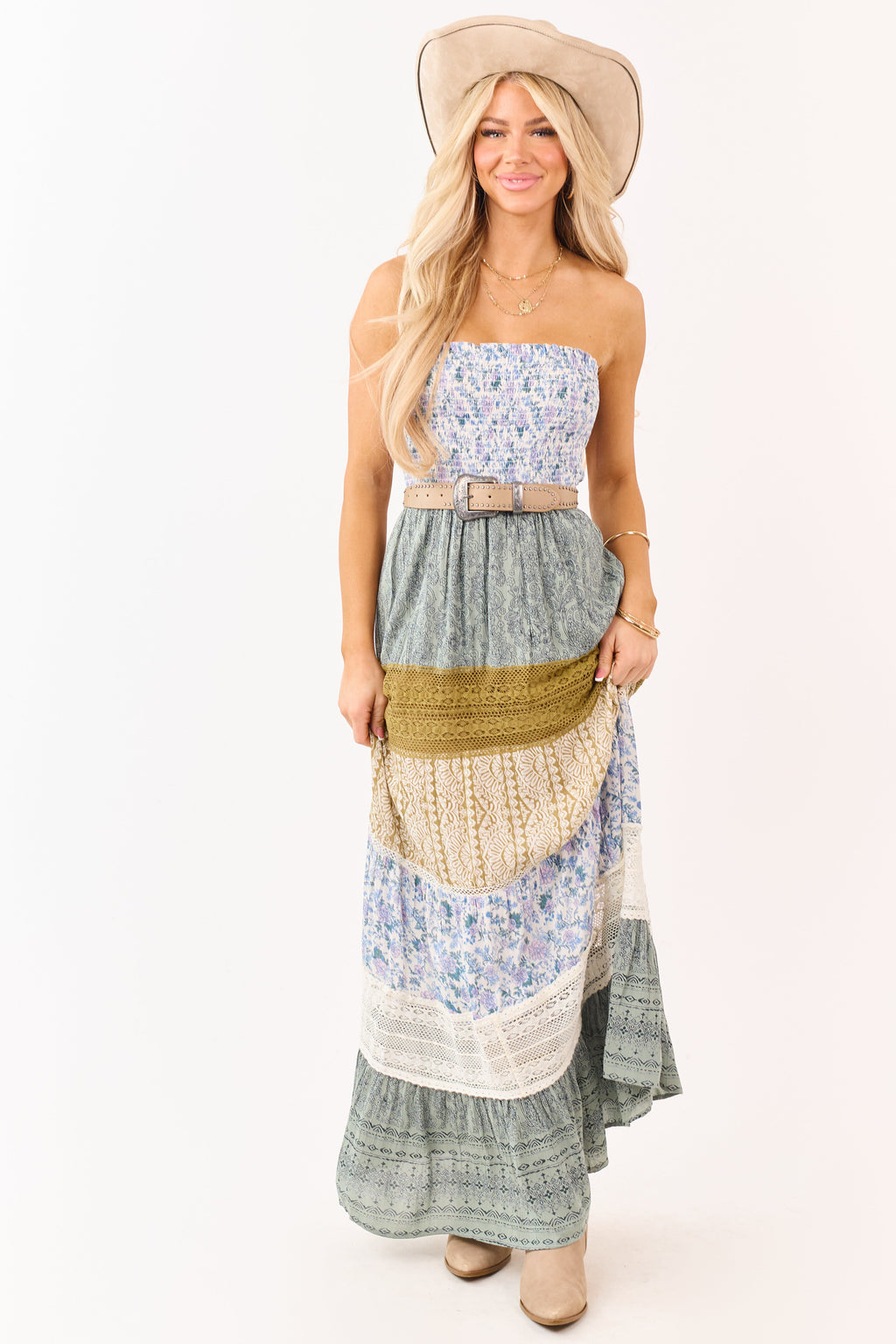 Ivory Colorblock Mixed Print Strapless Maxi Dress