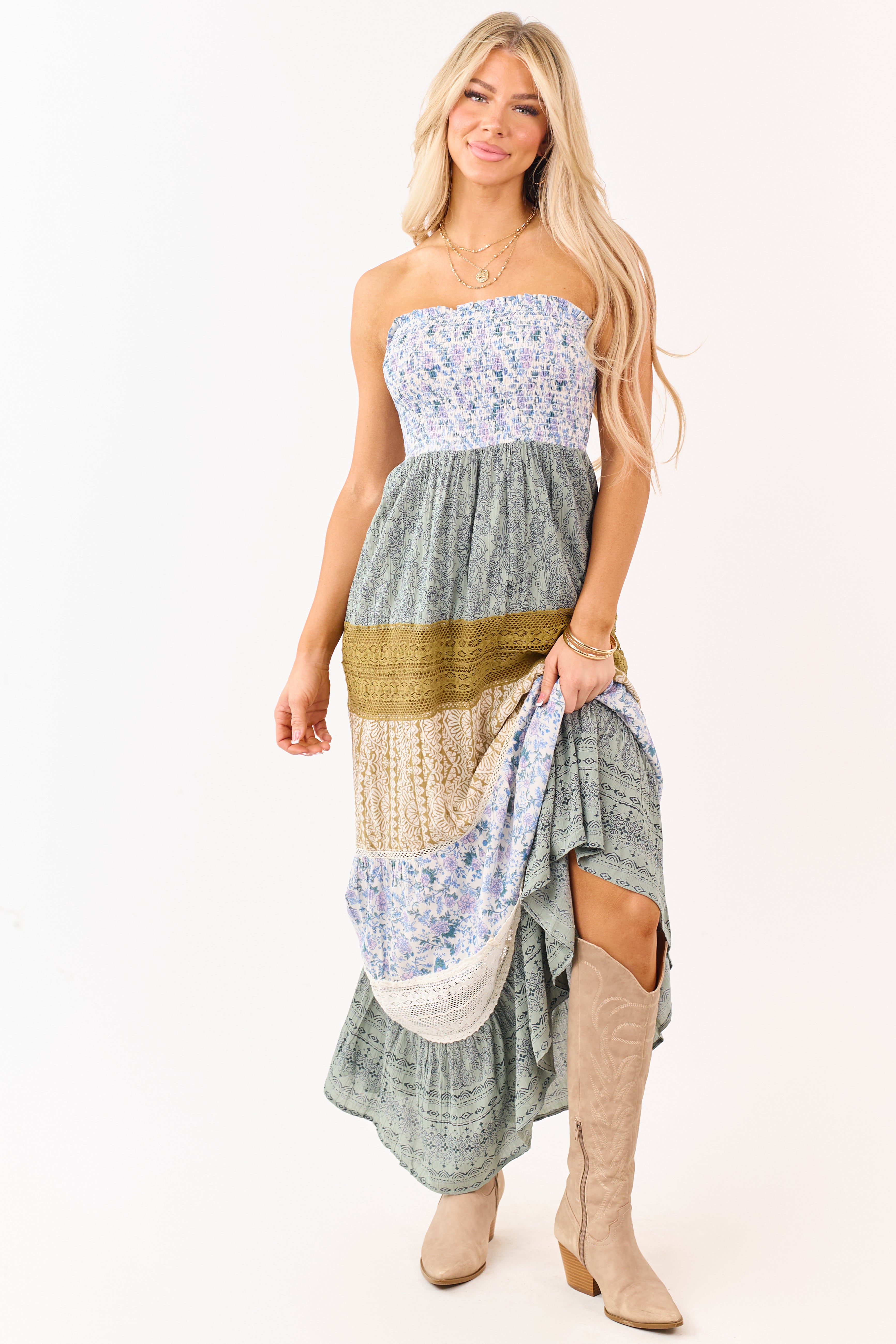 Ivory Colorblock Mixed Print Strapless Maxi Dress