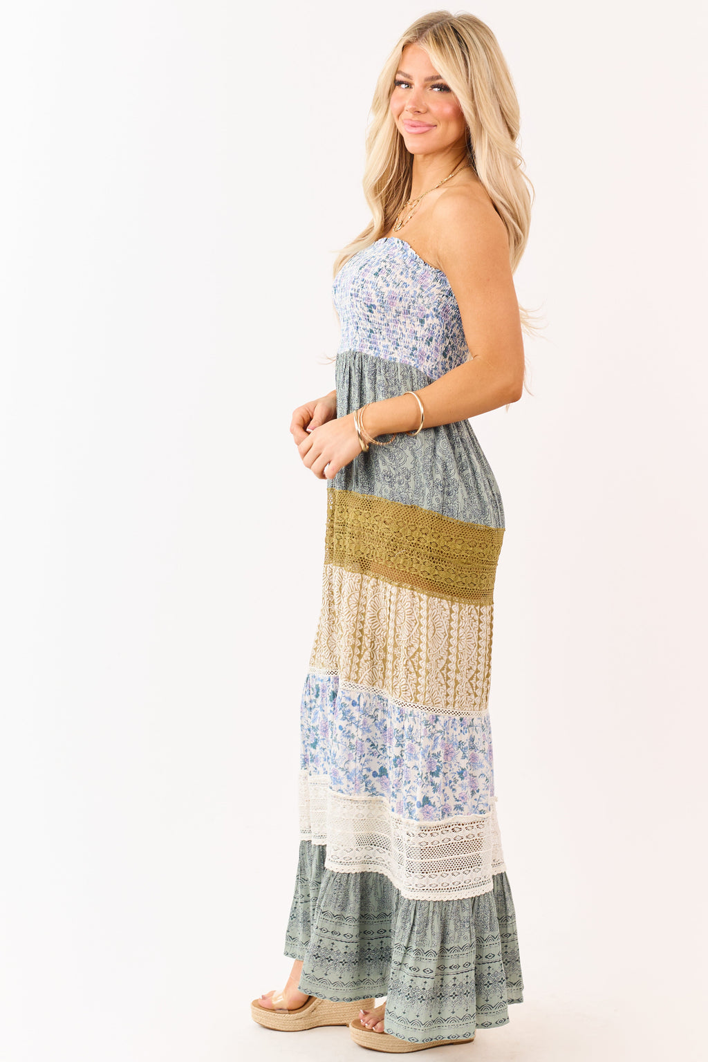 Ivory Colorblock Mixed Print Strapless Maxi Dress