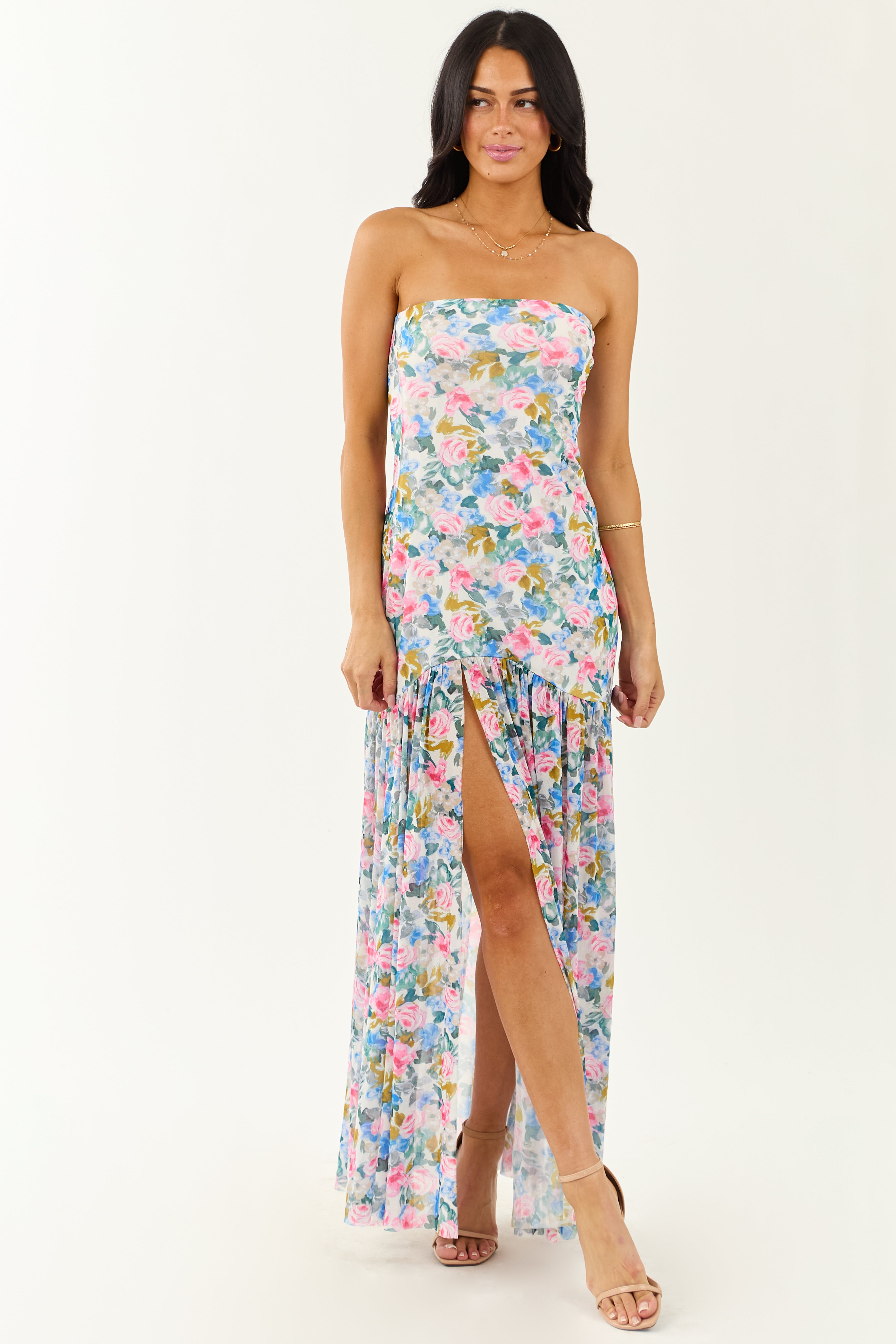 Ivory Floral Print Front Slit Mesh Maxi Dress