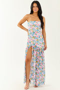 Ivory Floral Print Front Slit Mesh Maxi Dress