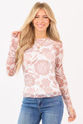 Ivory Floral Print Mock Neck Long Sleeve Mesh Top