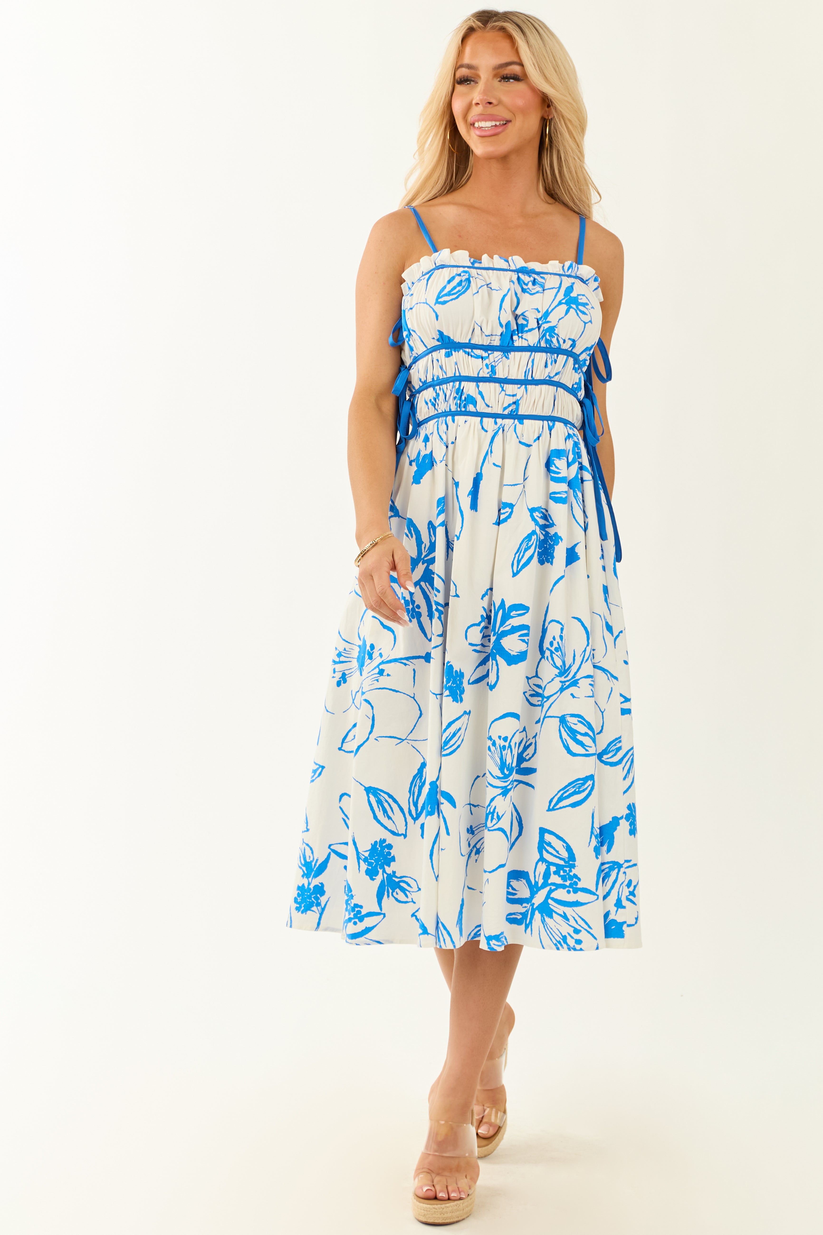 Ivory Floral Print Square Neck Sleeveless Midi Dress