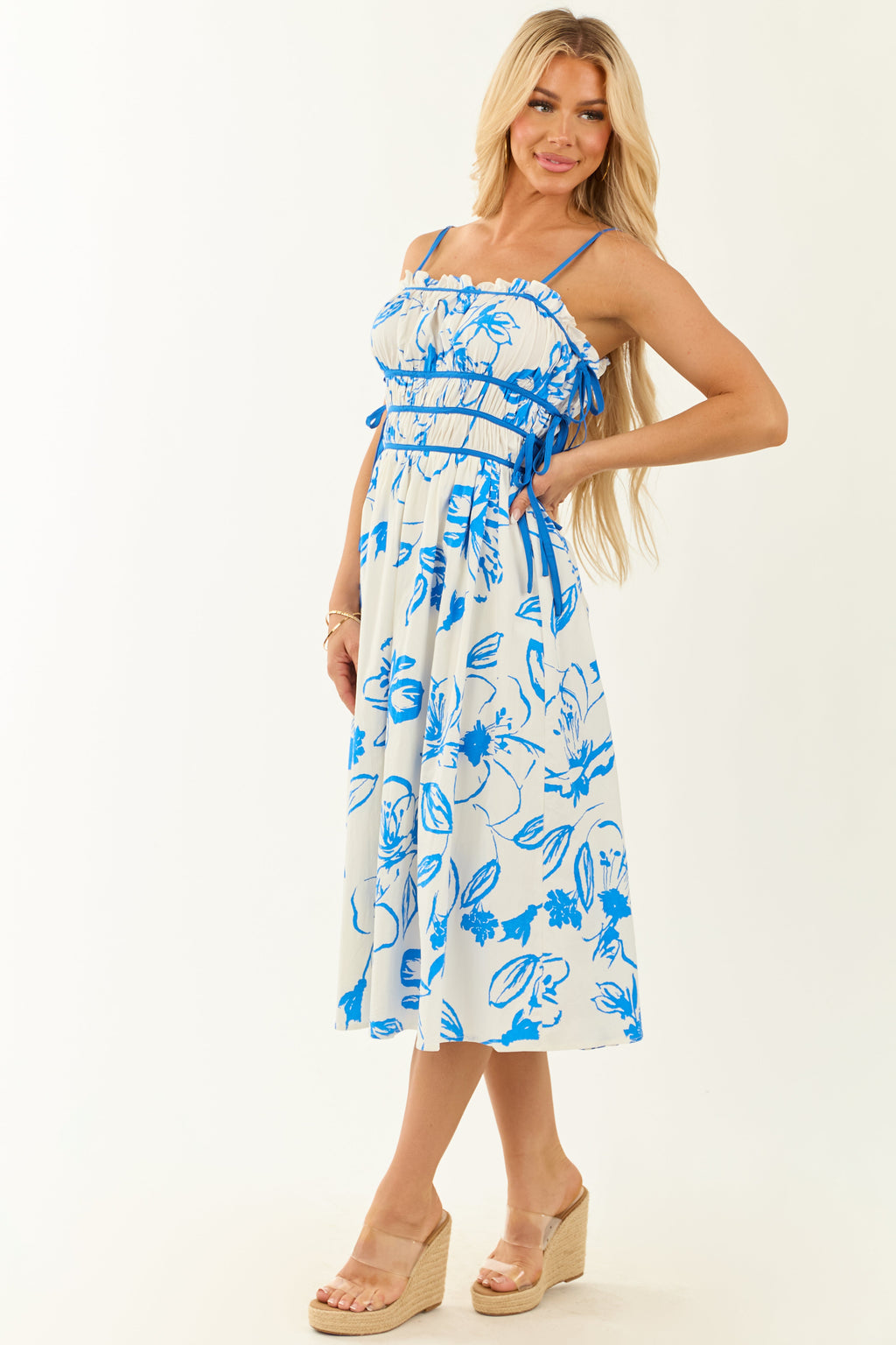 Ivory Floral Print Square Neck Sleeveless Midi Dress