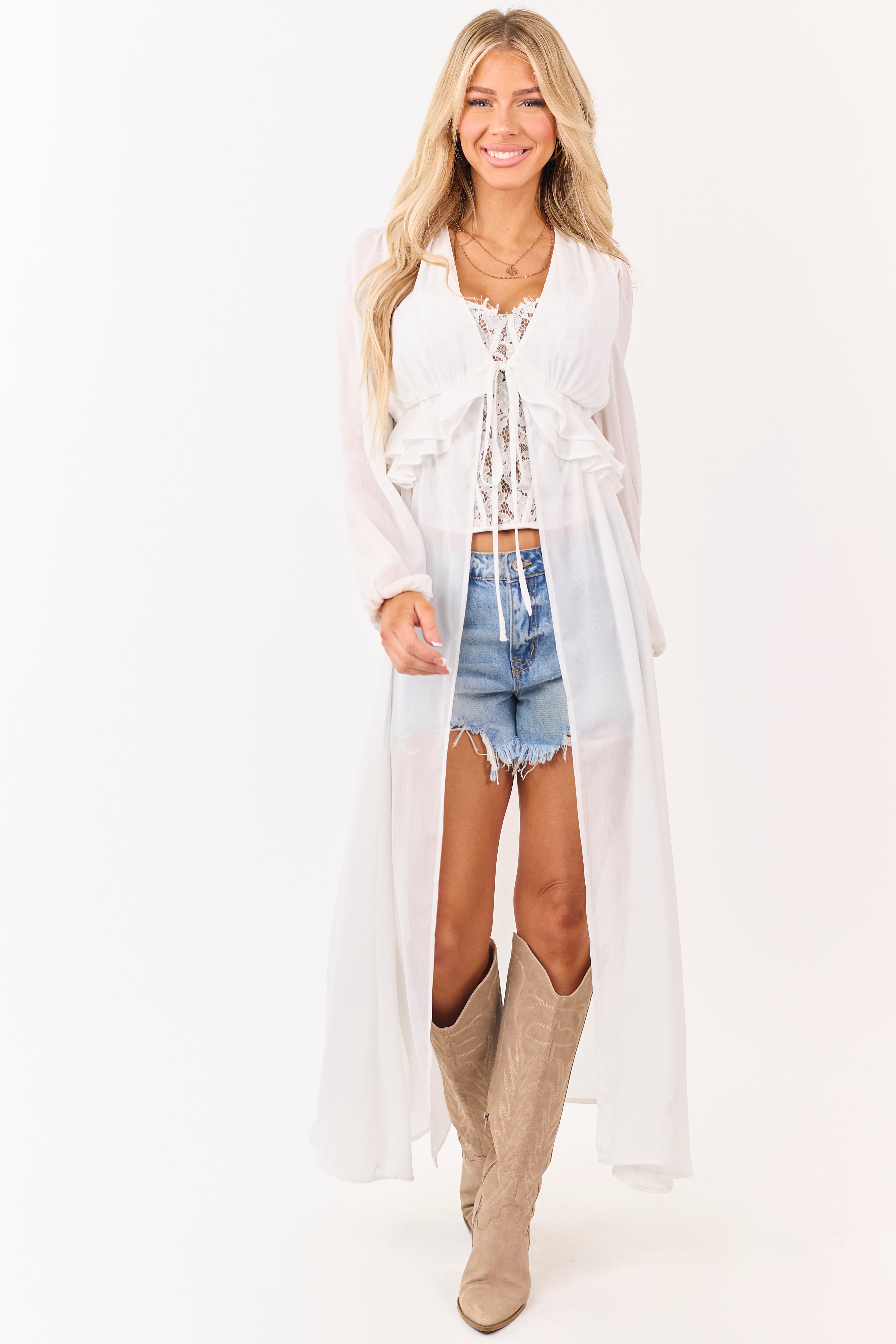 Ivory Front Tie Side Cut Out Sheer Duster Cardigan
