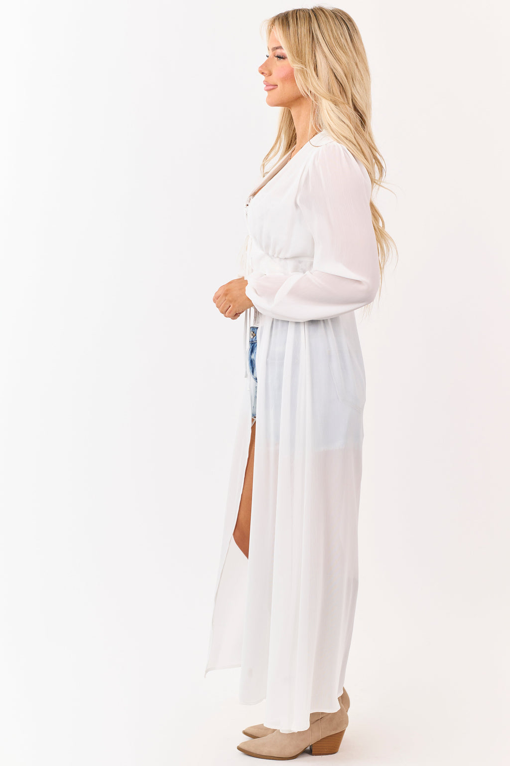 Ivory Front Tie Side Cut Out Sheer Duster Cardigan
