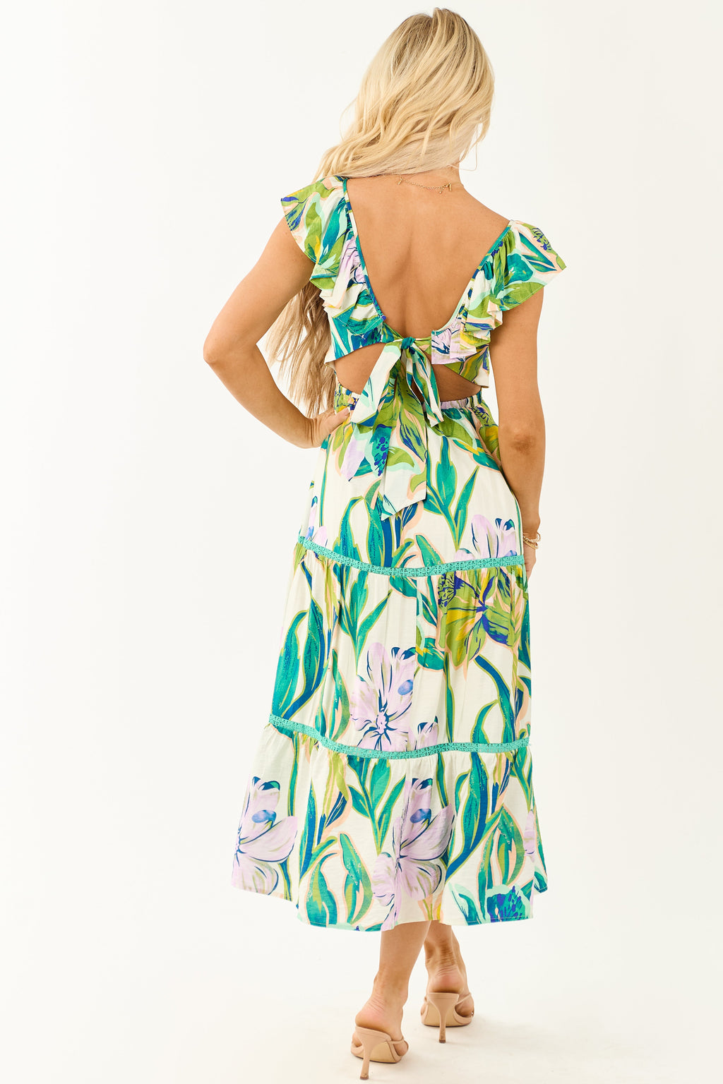 Ivory Tropical Print Smocked Lace Tiered Midi Dress