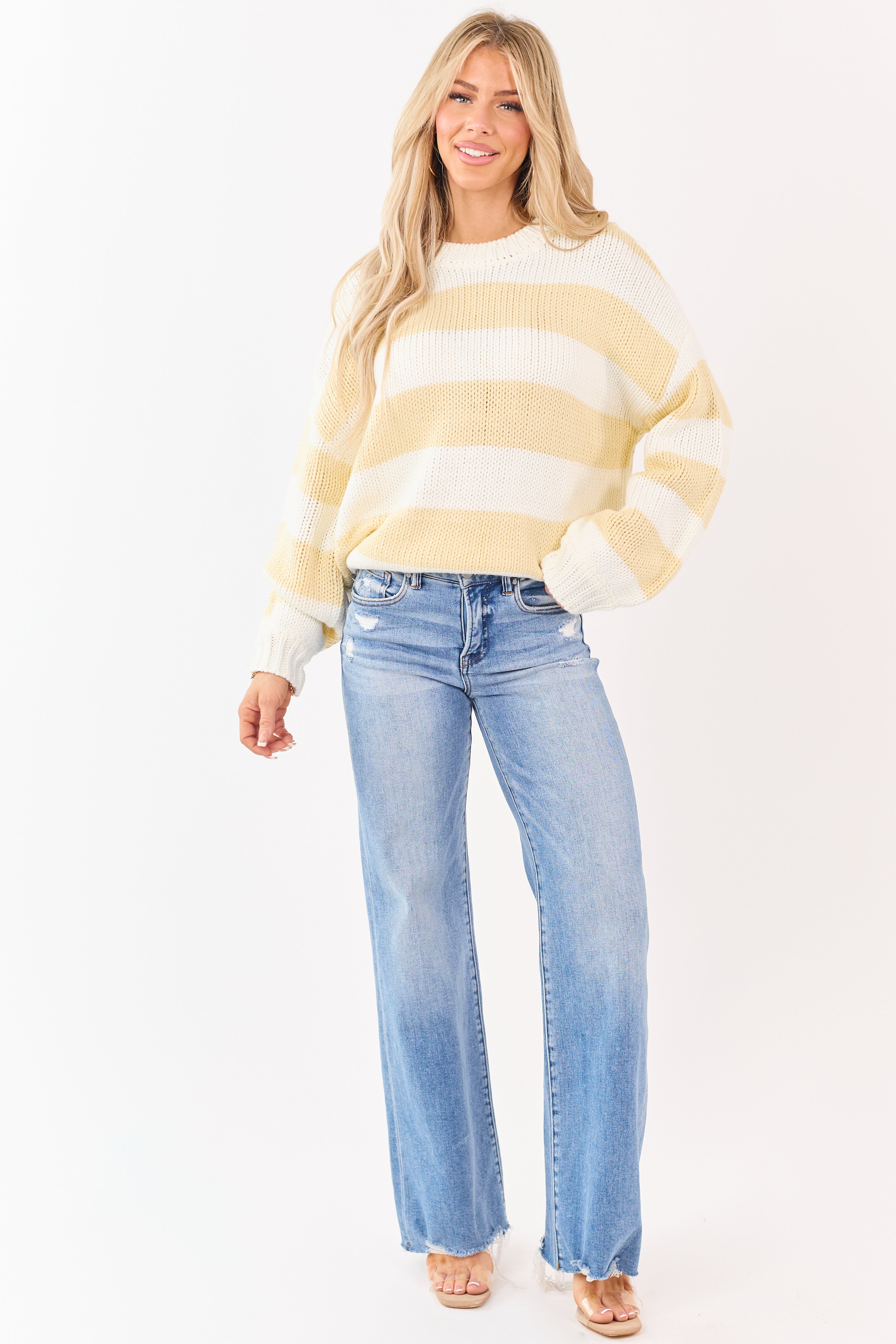 Ivory and Buttercream Striped Chunky Knit Sweater