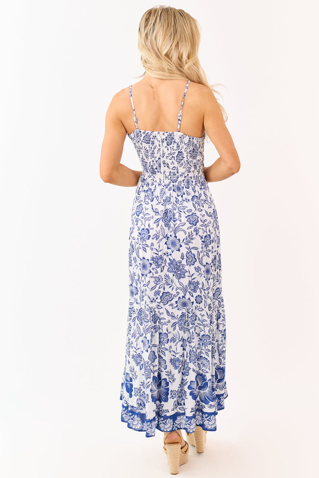 Ivory and Cobalt Floral Print Front Twist Maxi Dress