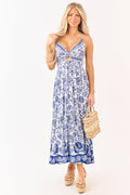 Ivory and Cobalt Floral Print Front Twist Maxi Dress