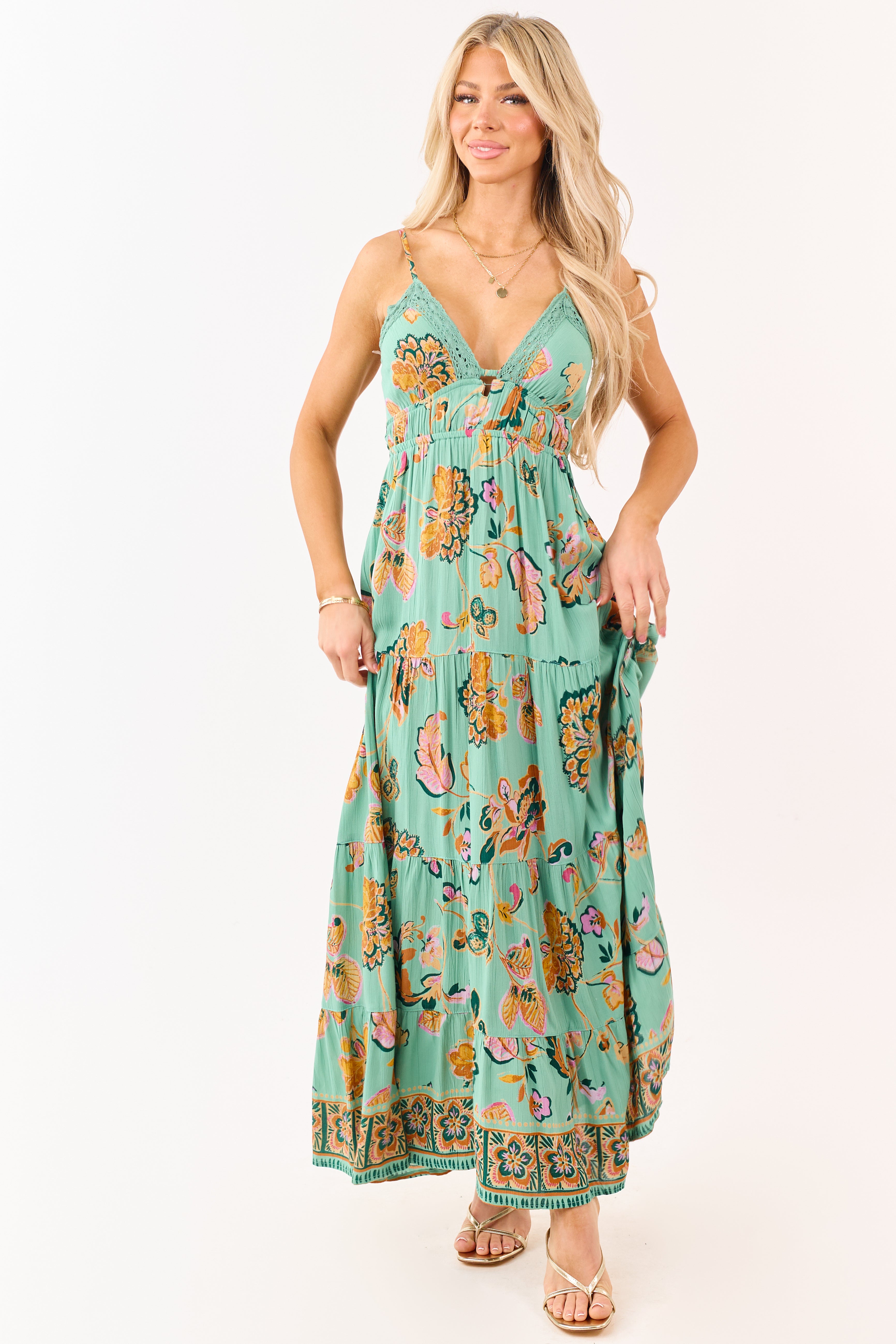 Jungle Green Floral Print Lace Trim Maxi Dress