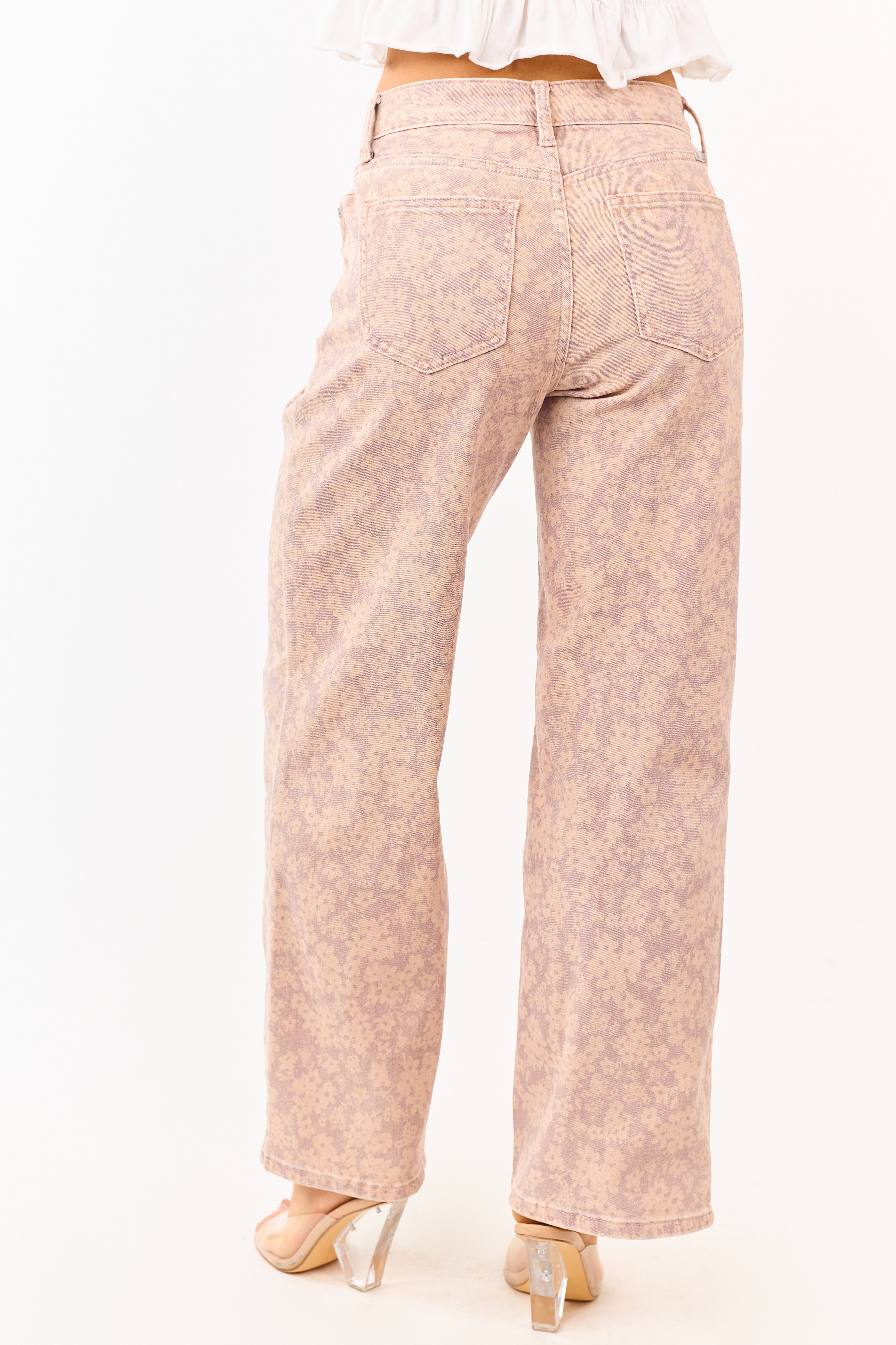 PREORDER KanCan Mauve Floral Print Wide Leg Stretch Jeans SHIP ETA 2/26