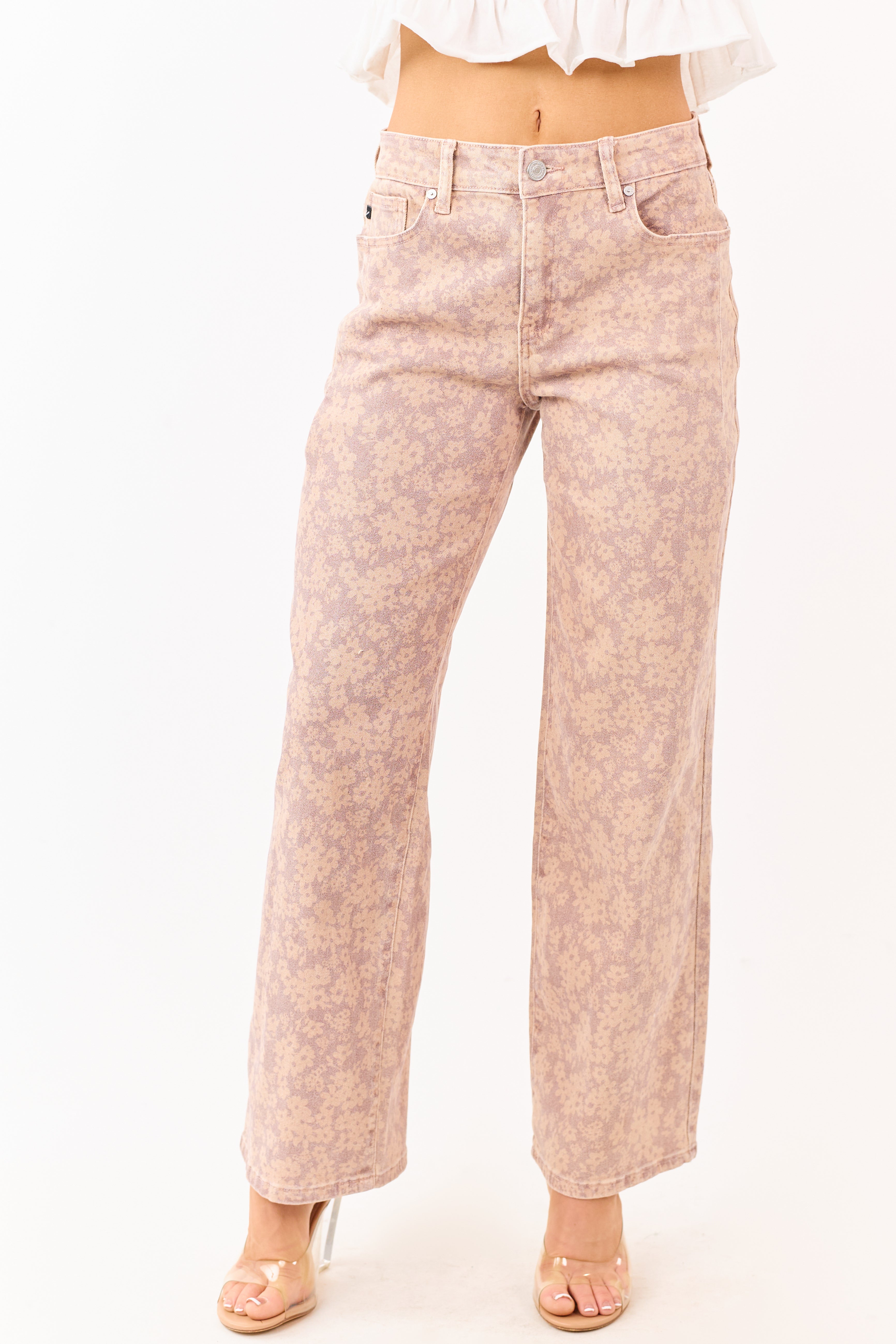 PREORDER KanCan Mauve Floral Print Wide Leg Stretch Jeans SHIP ETA 2/26