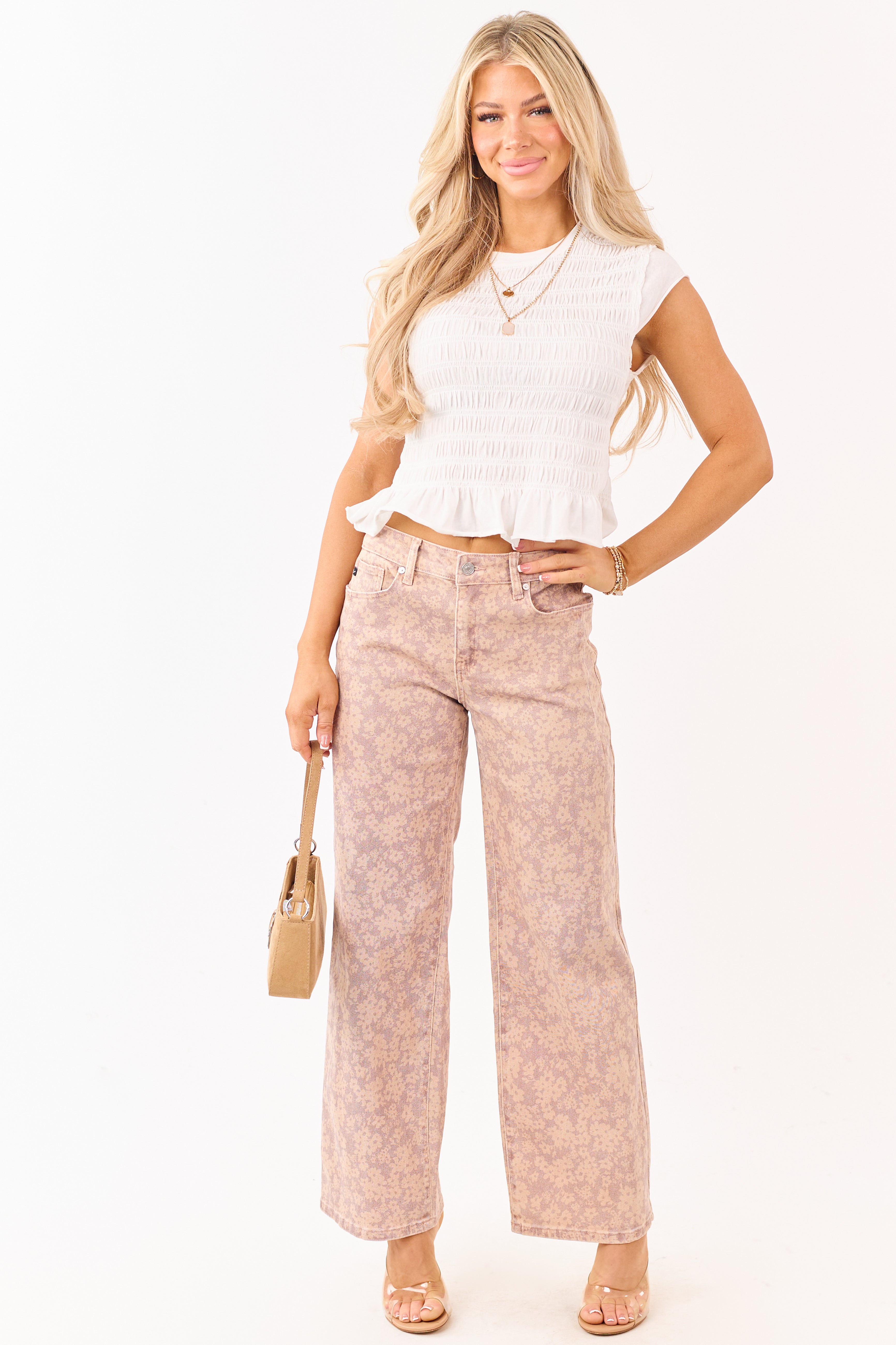 PREORDER KanCan Mauve Floral Print Wide Leg Stretch Jeans SHIP ETA 2/26