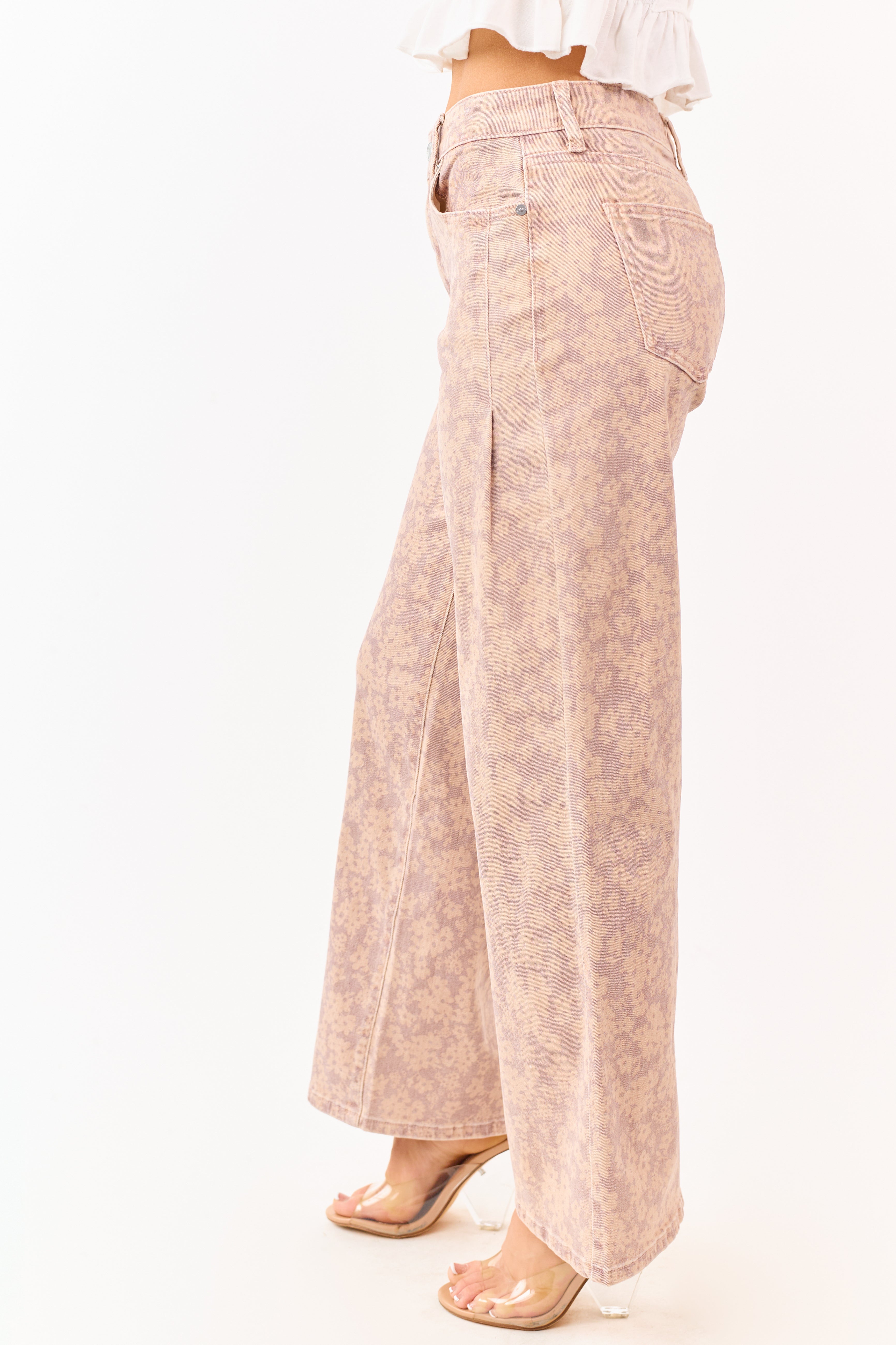 PREORDER KanCan Mauve Floral Print Wide Leg Stretch Jeans SHIP ETA 2/26