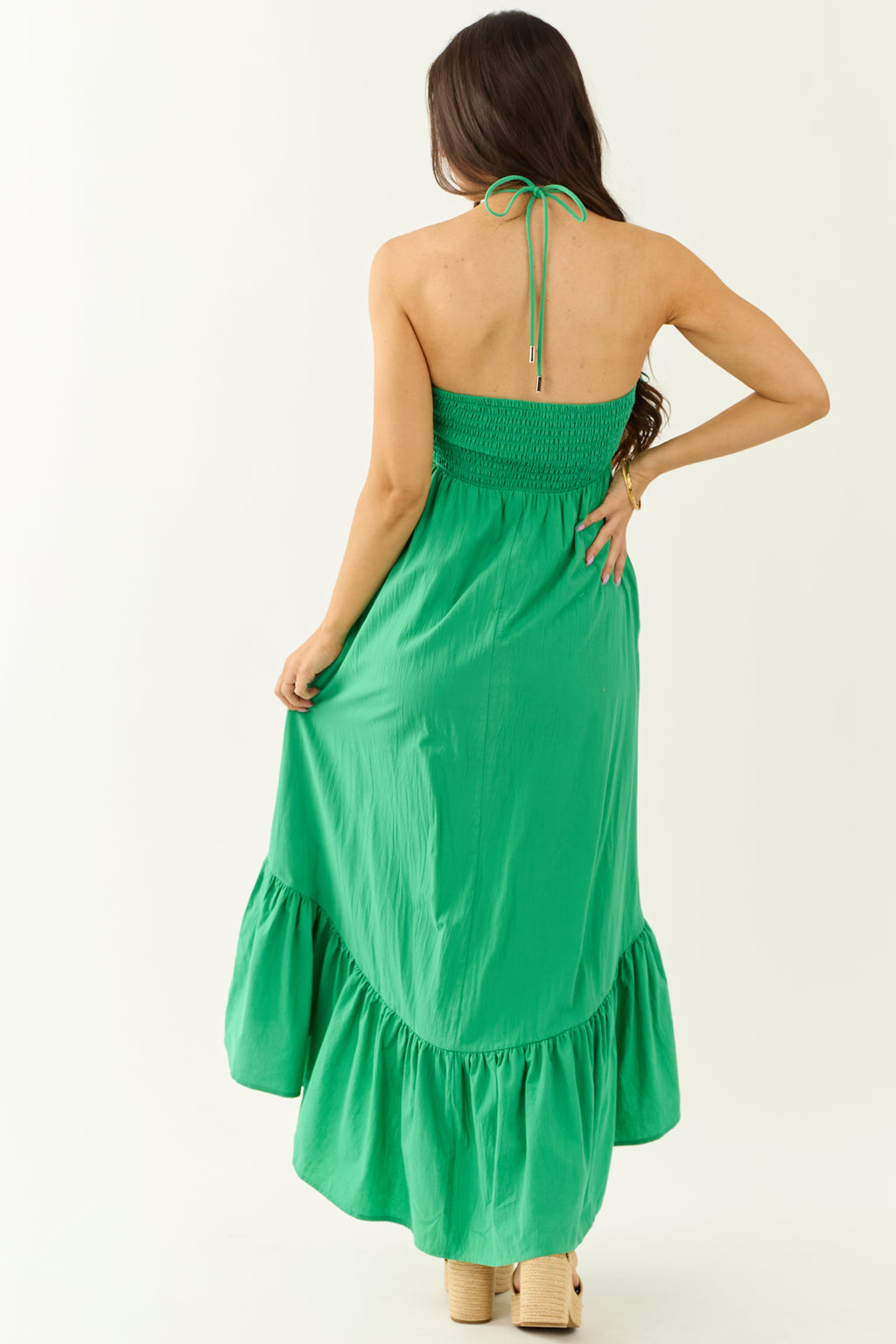 Kelly Green Halter Neck Cotton Babydoll Maxi Dress
