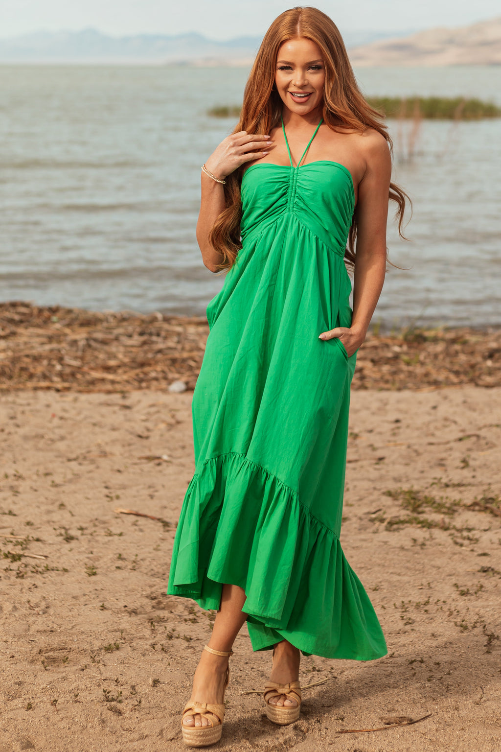Kelly Green Halter Neck Cotton Babydoll Maxi Dress