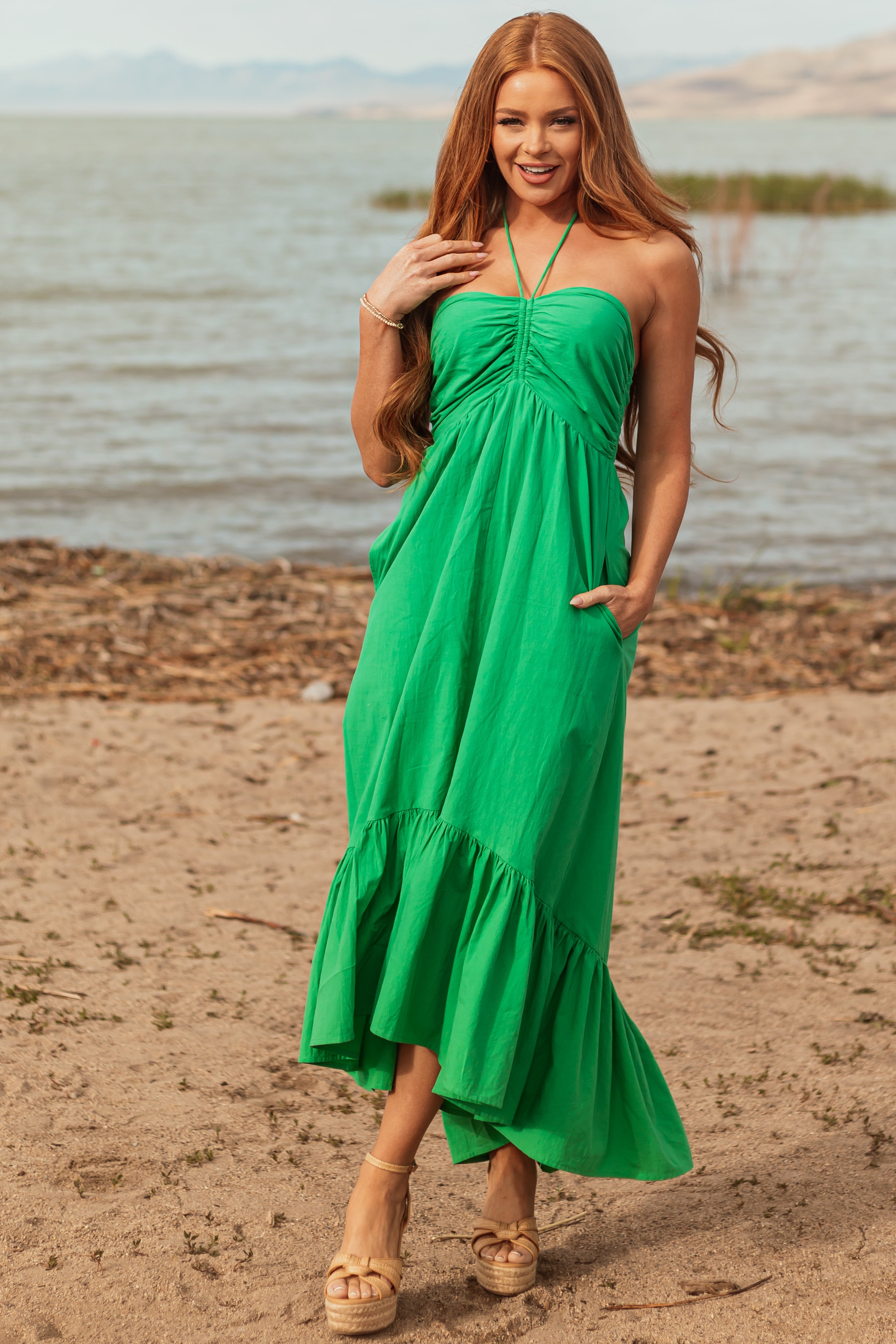 Kelly Green Halter Neck Cotton Babydoll Maxi Dress