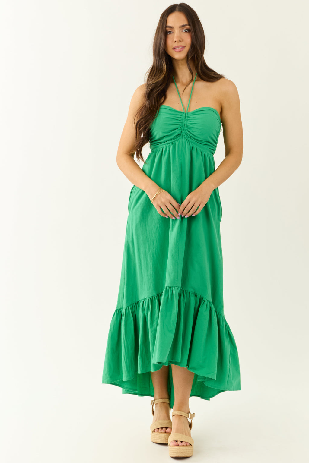 Kelly Green Halter Neck Cotton Babydoll Maxi Dress