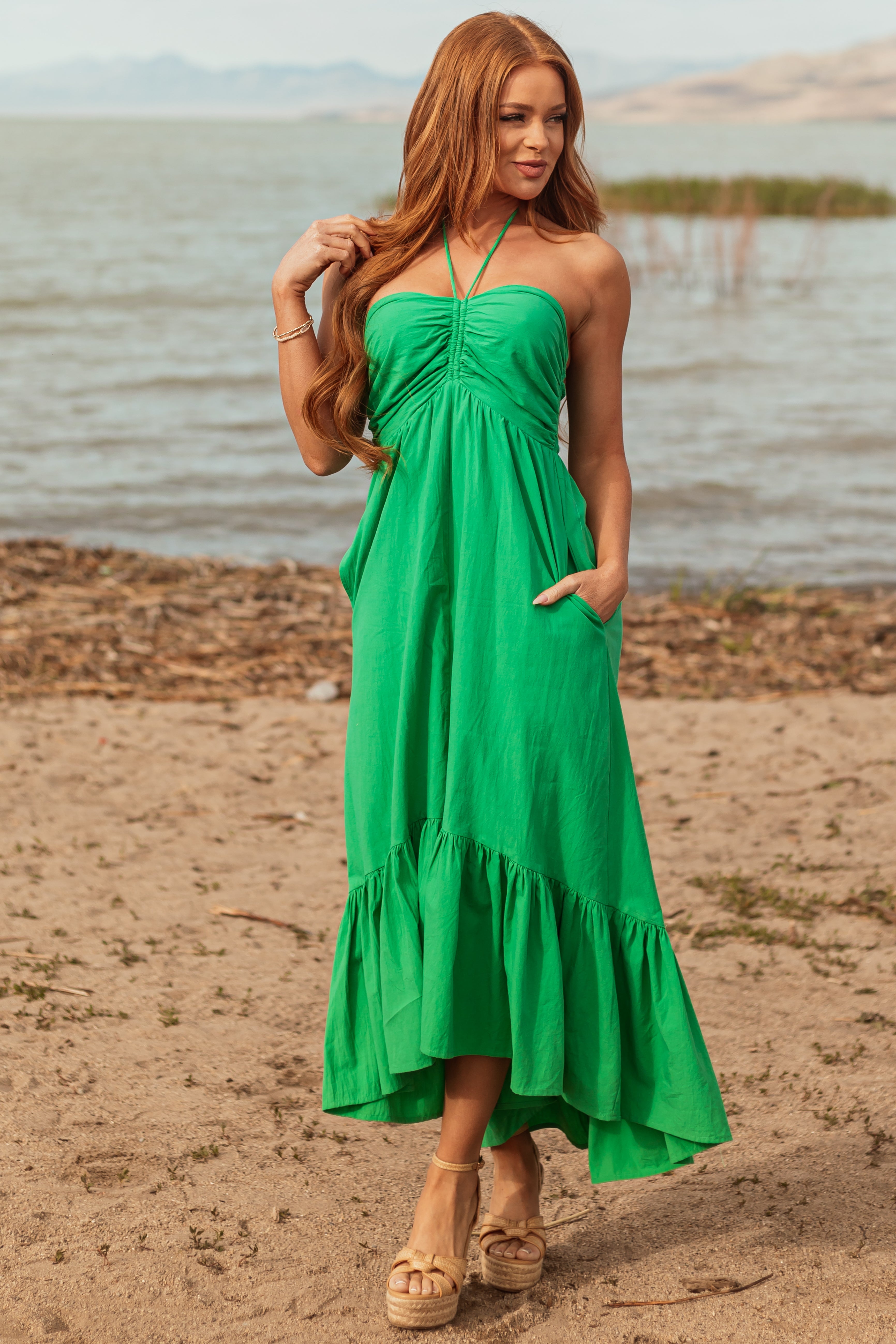 Kelly Green Halter Neck Cotton Babydoll Maxi Dress