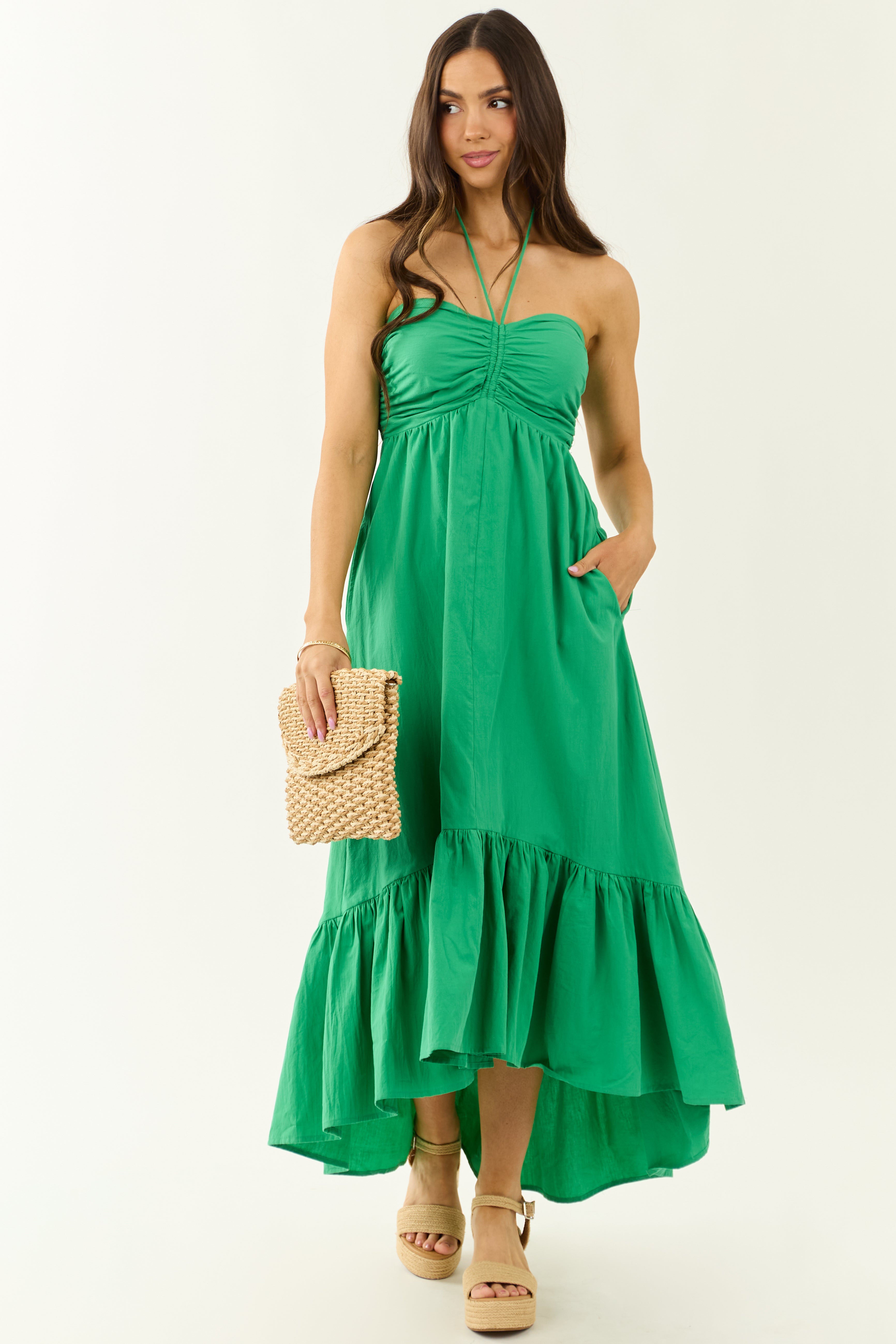 Kelly Green Halter Neck Cotton Babydoll Maxi Dress