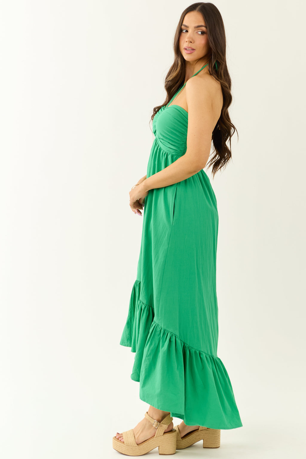 Kelly Green Halter Neck Cotton Babydoll Maxi Dress