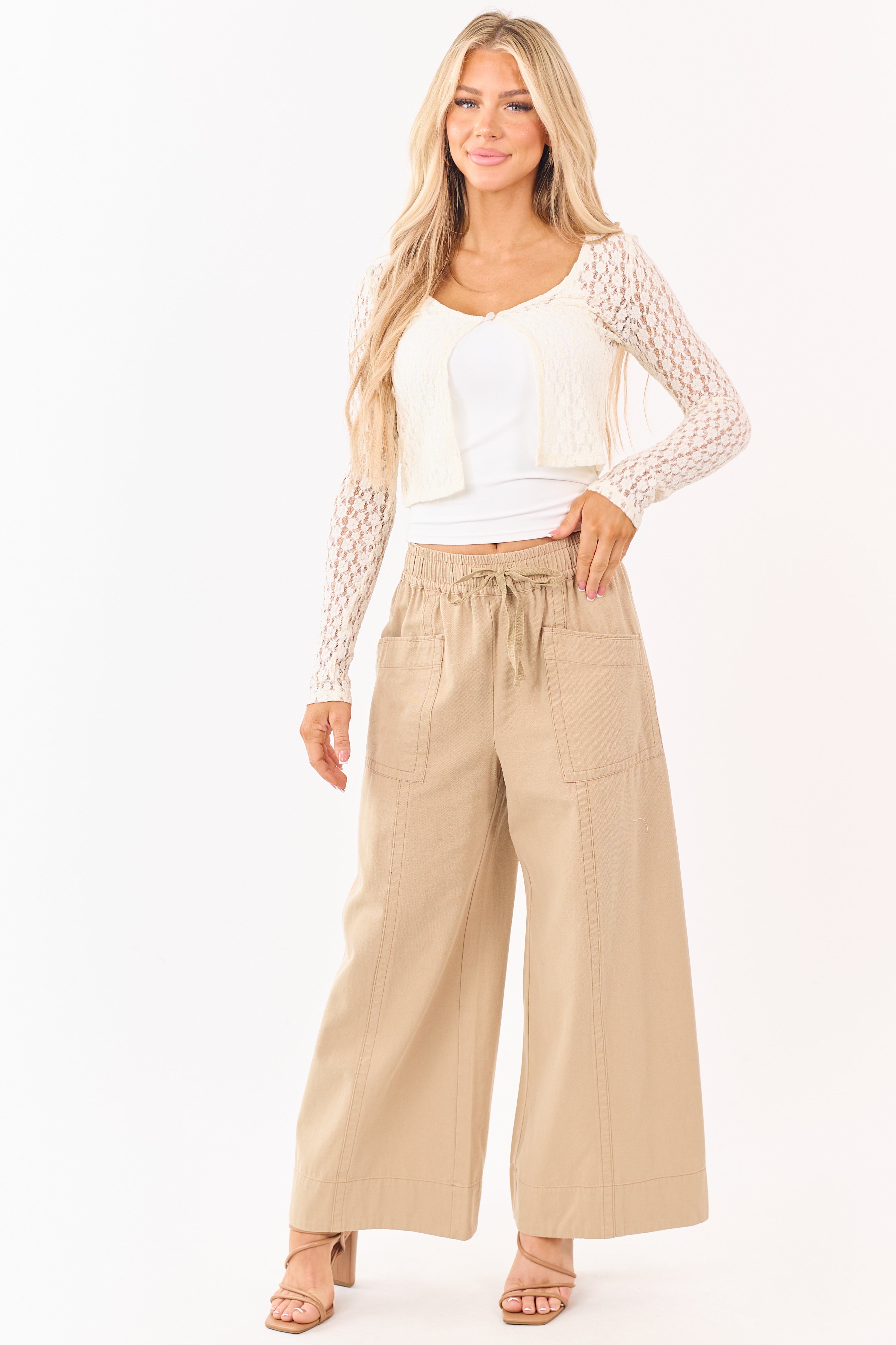 Khaki Elastic Drawstring Waist Wide Leg Twill Pants