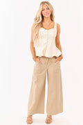 Khaki Elastic Drawstring Waist Wide Leg Twill Pants