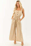 Latte Button Up Wide Leg Sleeveless Jumpsuit